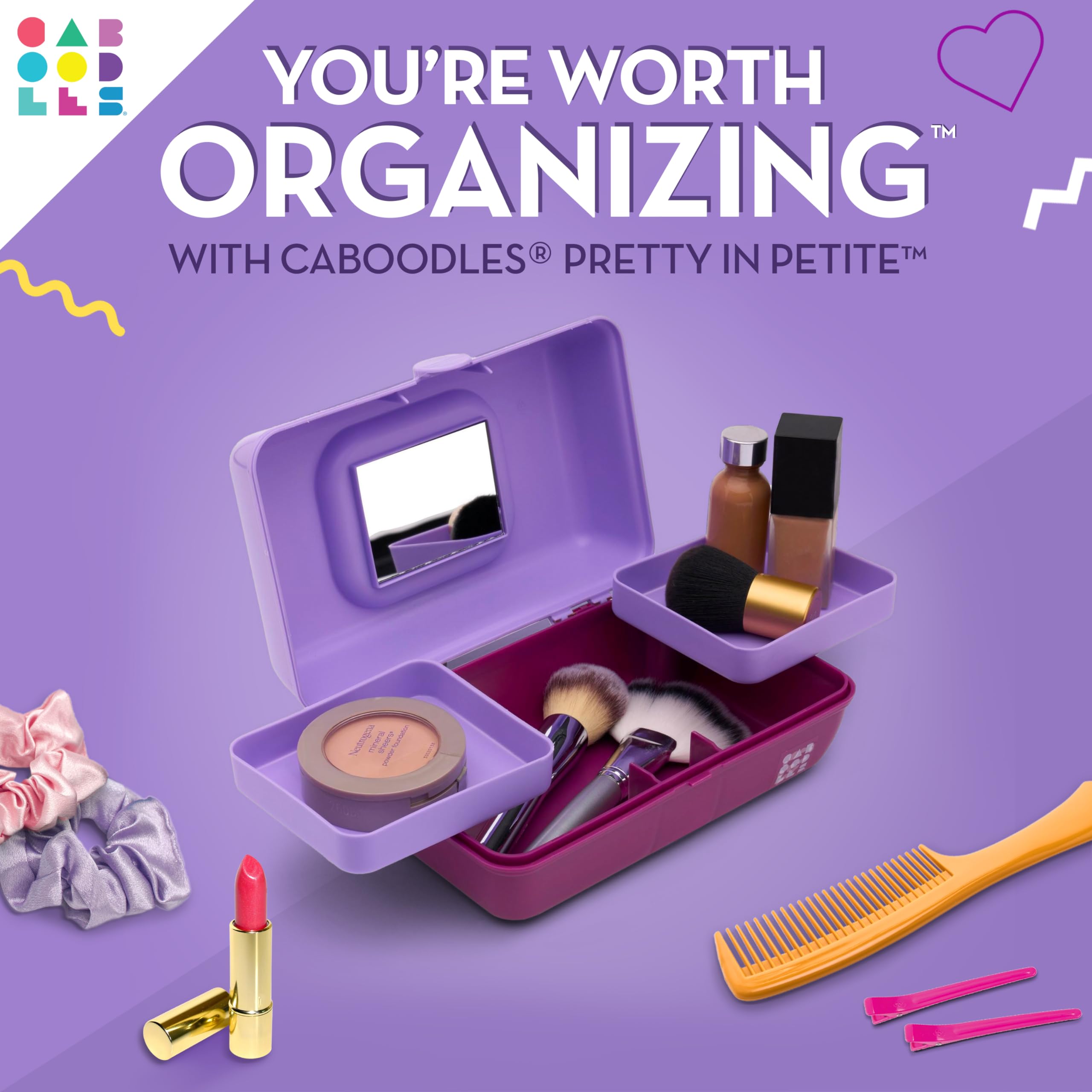 Caboodles Pretty in Petite Makeup Organizer - Two-Tone Lavender & Violet Hard Plastic Cosmetic Case with 2 Swivel Trays, Fashion Mirror & Secure Travel Latch | Perfect for Travel, Home Vanity & On-the-Go Makeup Storage