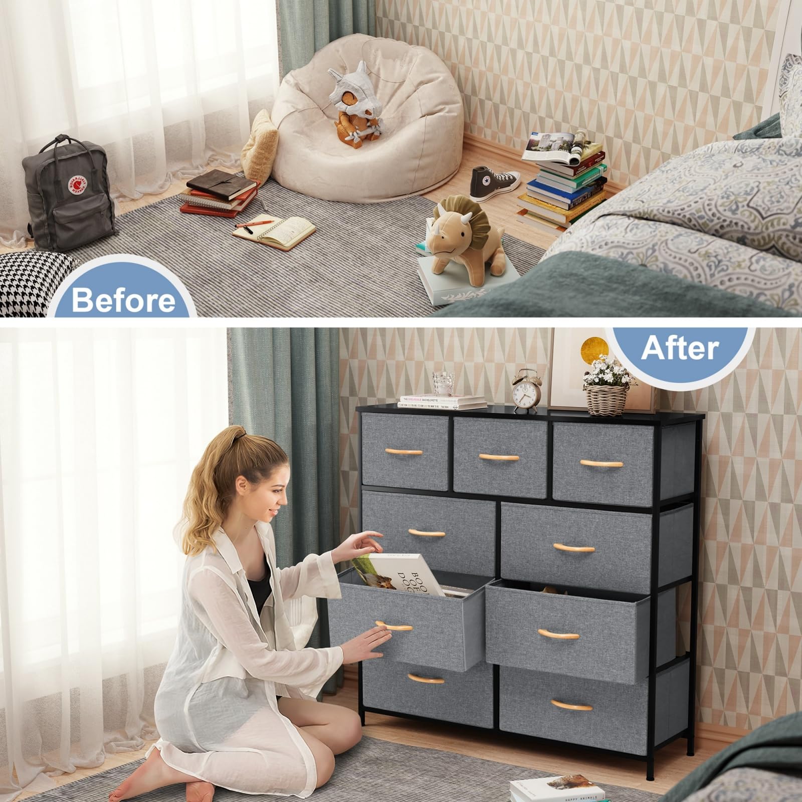 Crestlive White 9-Drawer Tall Dresser for Bedroom - Gray Fabric Storage Organizer for Clothes, Shoes & Accessories | Perfect for Hallway, Entryway & Closet Organization