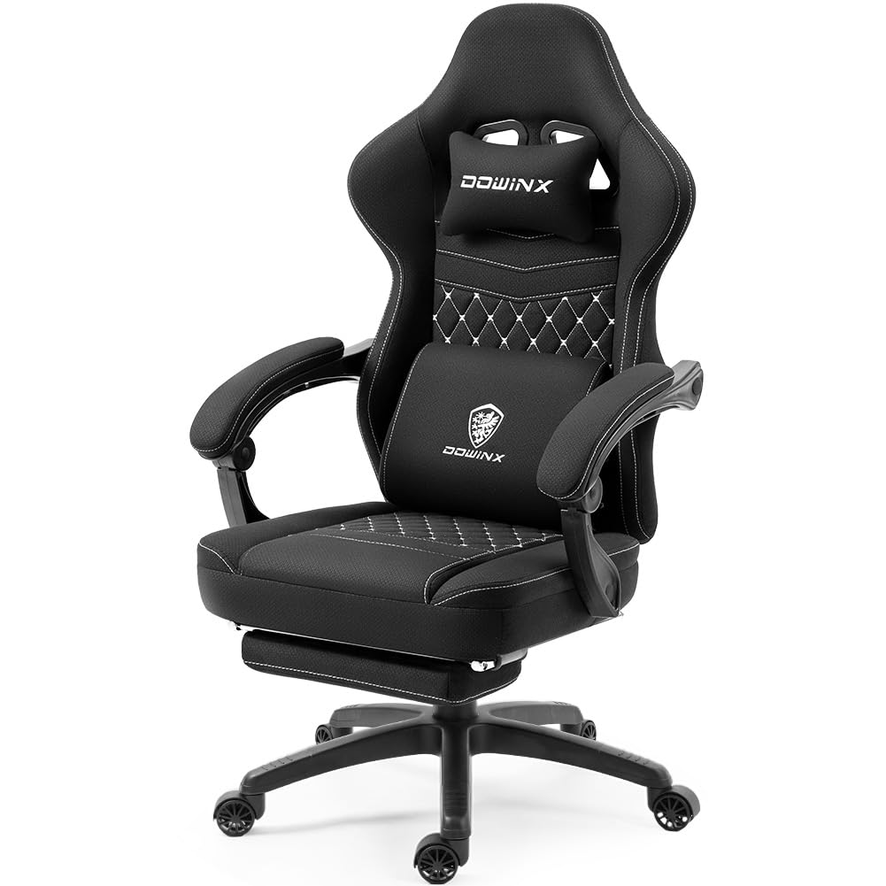 Dowinx Ergonomic Gaming Chair with Breathable Fabric & Pocket Spring Cushion - Comfortable Office Chair with Gel Seat Pad, Massage Function & Footrest - Perfect for PC Gaming, Home Office & Streaming Setup (Black)