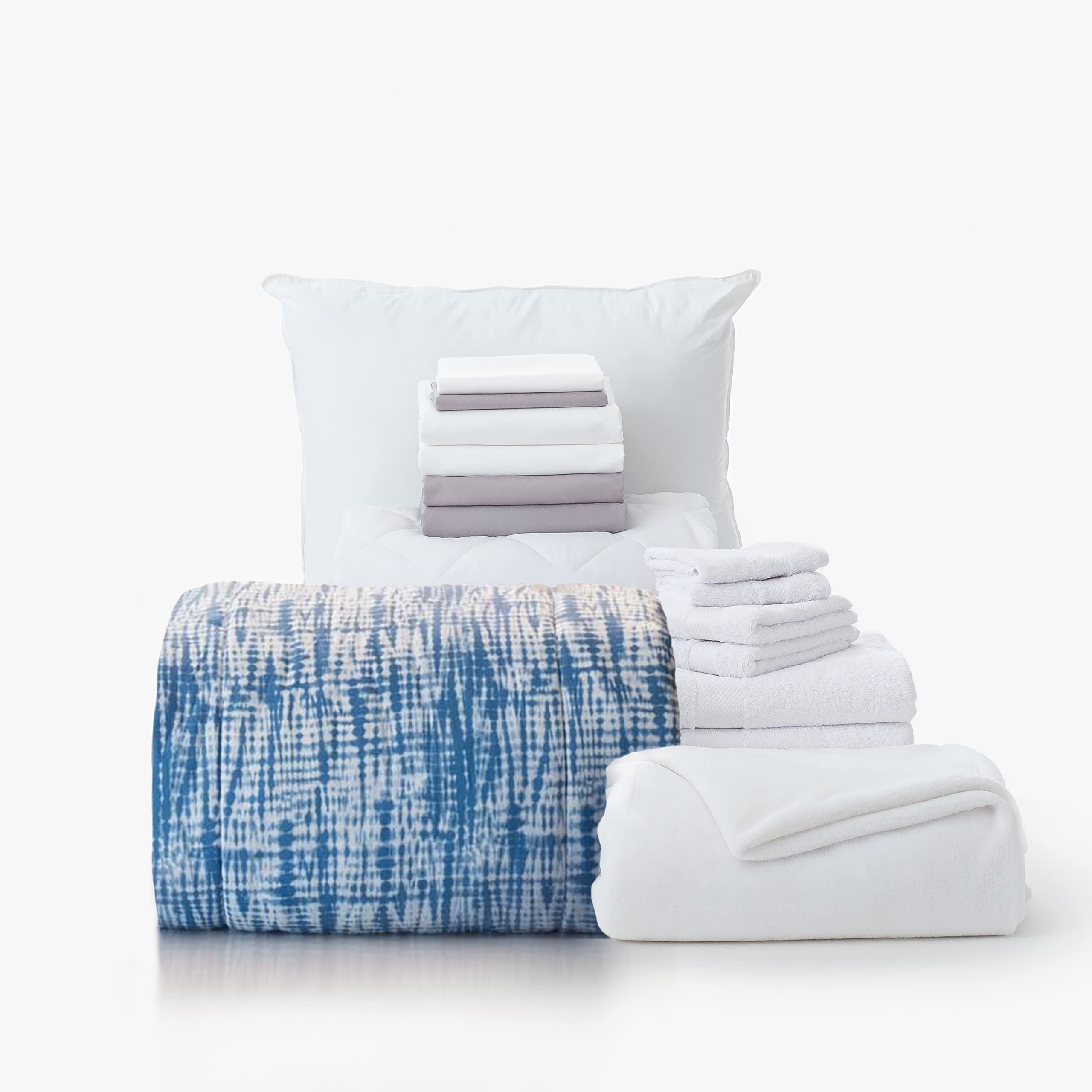OCM College Dorm Room Essentials 16-Piece Starter Kit | Twin XL Bedding Set with Mattress Pad, Comforter, Sheets, Towels & Blanket | Blue, Gray & White | Perfect for University Students, Back to School & First-Time Dorm Living