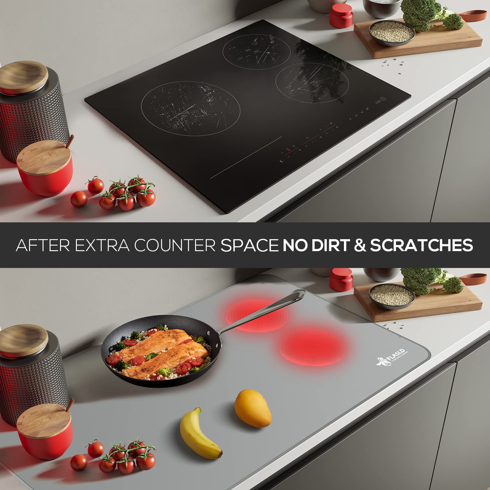 FLASLD Fireproof Stove Top Covers 21x29.5 Inch - Heat Resistant Glass Stove Mat for Electric Stoves | Countertop Protector for Air Fryer, Blender, Coffee Maker | Reusable, Easy to Clean Gray Mat | Perfect for Kitchen Counter Protection & Appliance Safety