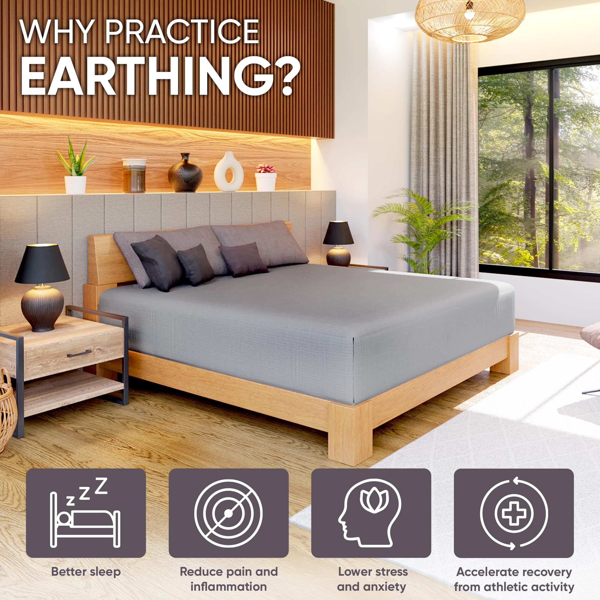 Organic Cotton Grounding Sheets for Earthing - King Size Deep Pocket Fitted Sheet with 15ft Conductive Cord & Outlet Checker | Natural Sleep Aid, EMF Protection | Perfect for Better Sleep, Stress Relief & Body Recharge