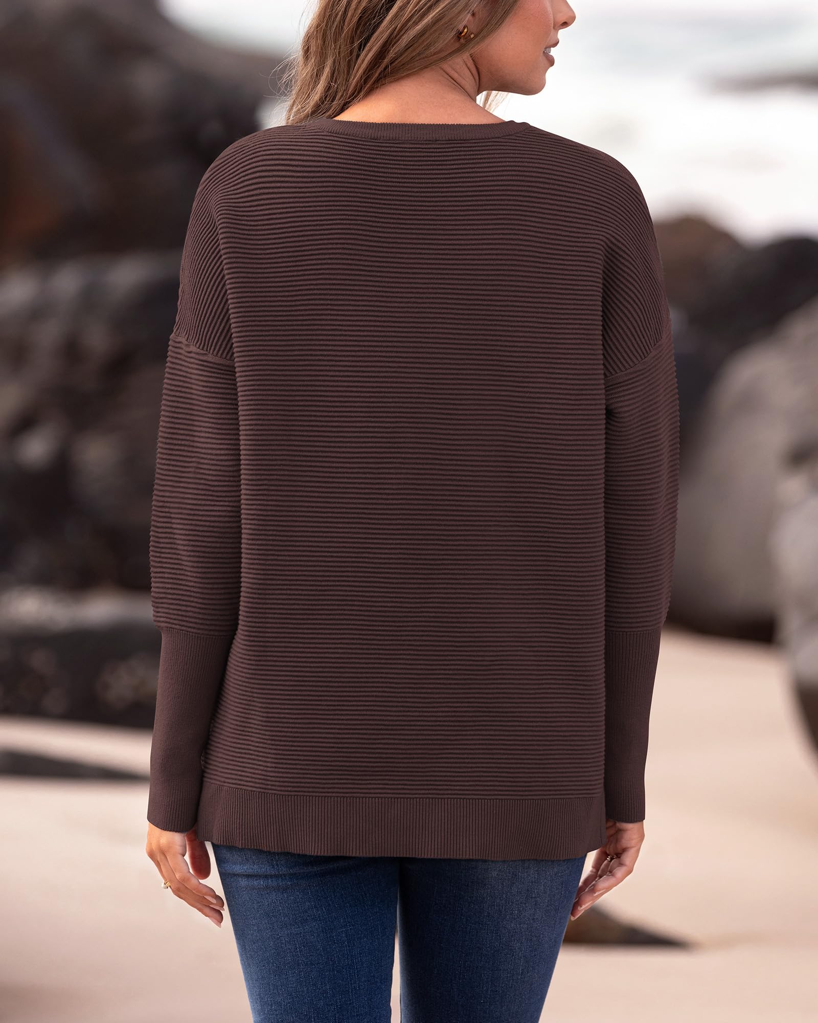 BTFBM Women's Casual Ribbed Knit Pullover Sweater - Long Sleeve Loose Crewneck Batwing Split Top for Fall 2025 | Perfect for Autumn Layering, Office Wear & Weekend Outfits