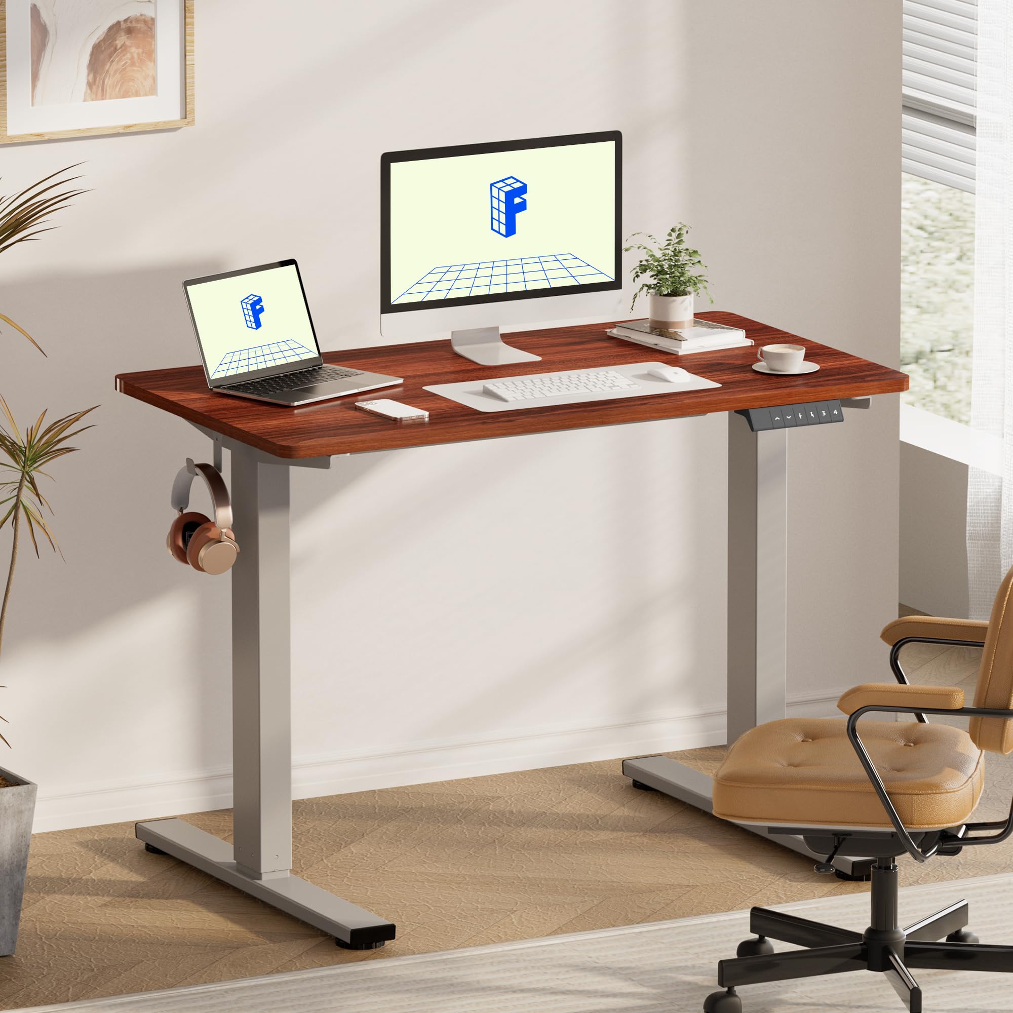 FLEXISPOT EN1 48 x 30 Inches Electric Height Adjustable Standing Desk - Silver Frame with Mahogany Desktop | Ergonomic Home Office Workstation for Remote Work & Gaming Setup