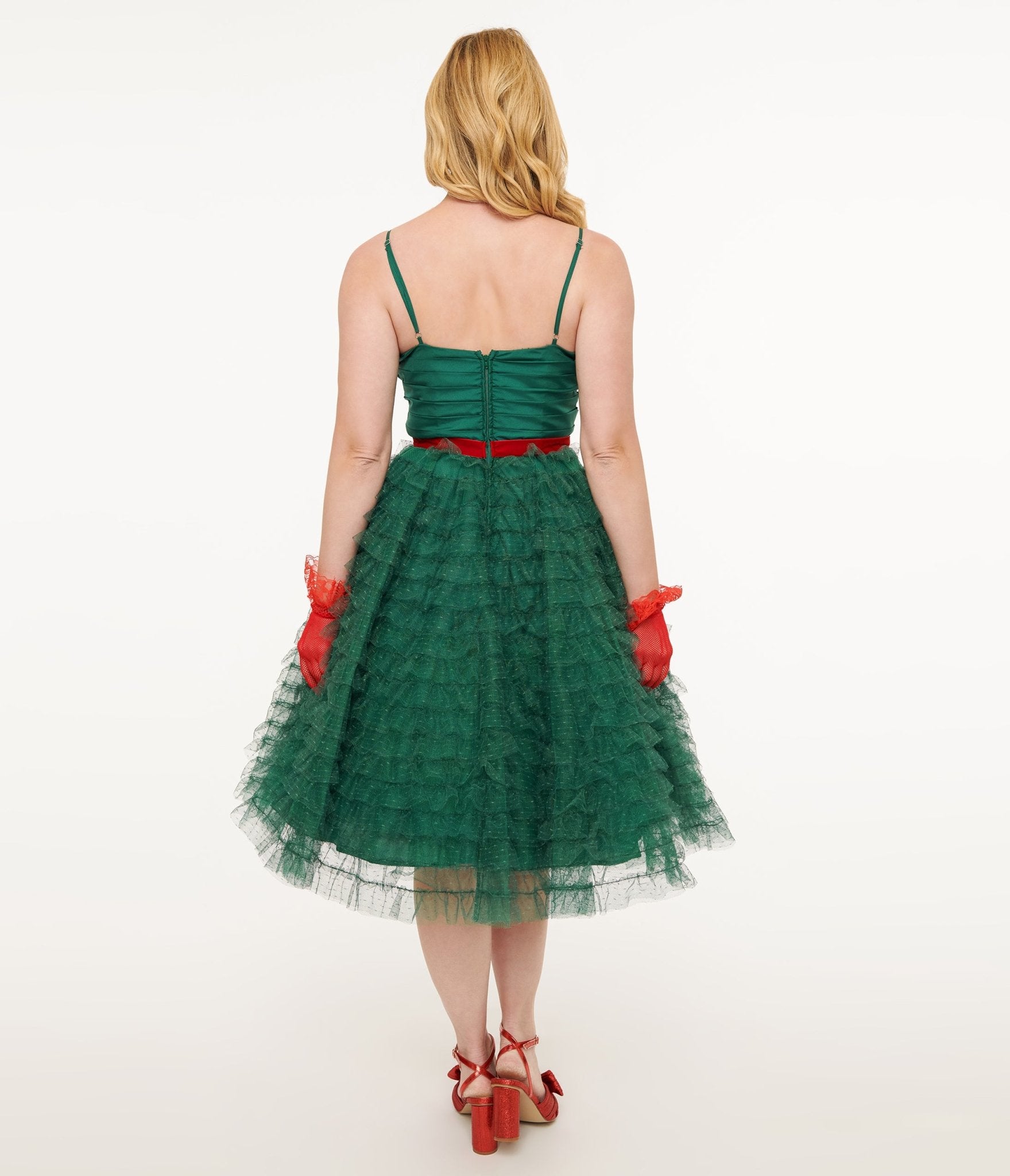 Vintage Emerald Green & Red Ribbon Tulle Cupcake Swing Dress - Retro 1950s Style Party Dress for Christmas, Holiday, Wedding & Special Occasions