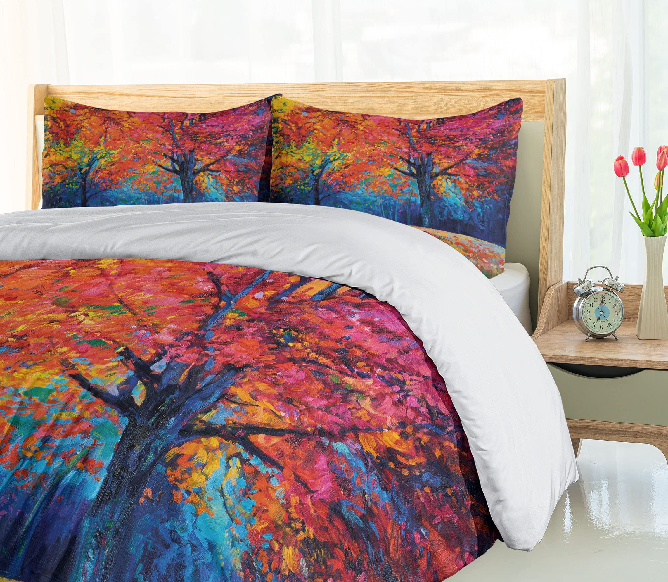 Ambesonne Autumn Leaves Duvet Cover Set - King Size 3-Piece Bedding with 2 Pillow Shams, Vibrant Vermilion & Navy Blue Fall Tree Design for Cozy Seasonal Home Decor | Perfect for Master Bedroom, Guest Room & Autumn-Themed Interior Styling