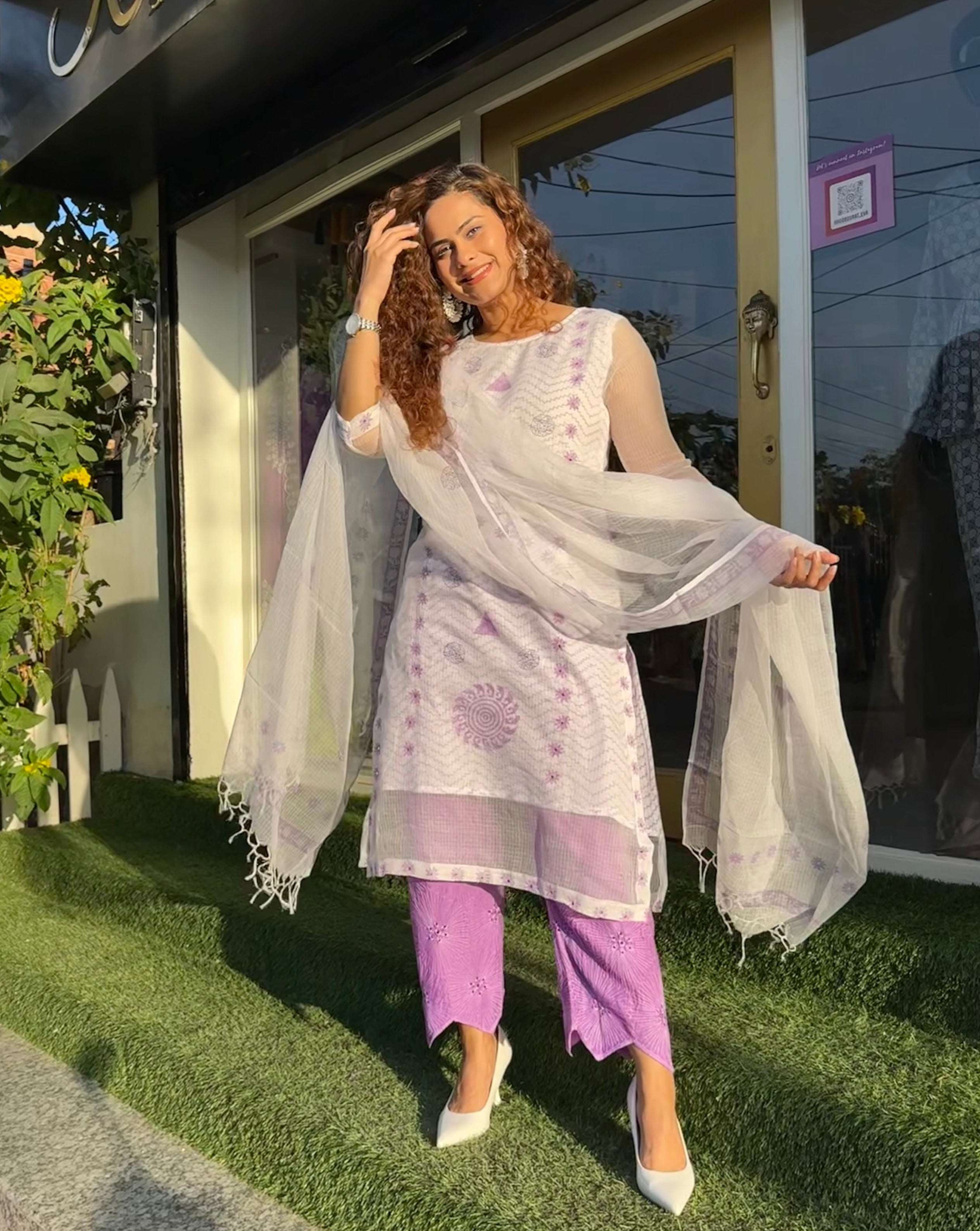 BLOOM PURPLE KOTA DORIA EMBROIDERED SUIT SET | Elegant Indian Ethnic Wear for Women | Perfect for Weddings, Festivals & Special Occasions