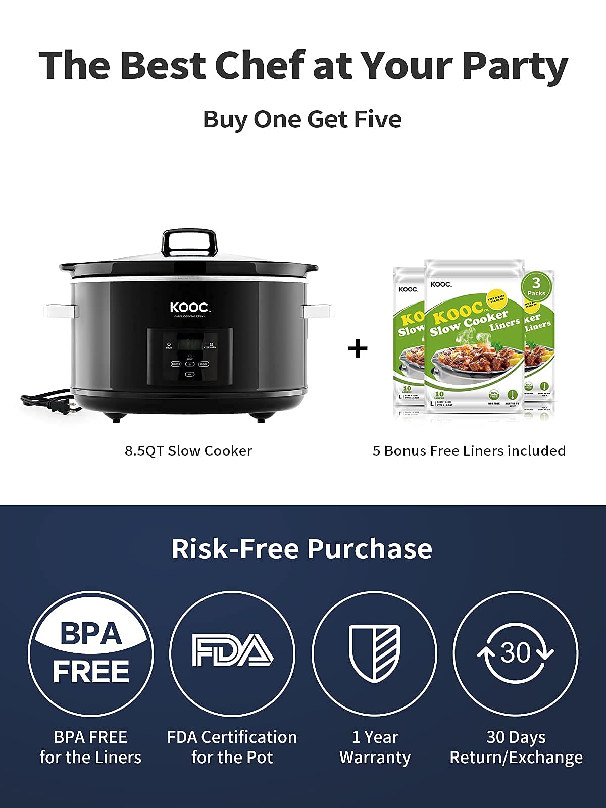 KOOC 8.5-Quart Programmable Slow Cooker with 5 Free Liners + 3-Pack Extra Liners - Digital Temperature Control, Upgraded Pot, Nutrient Preservation - Perfect for Family Dinners, Meal Prep & Holiday Cooking