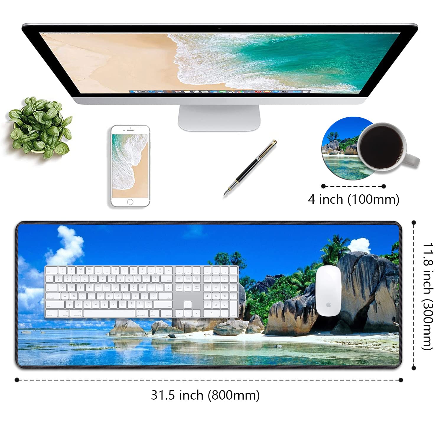 XXL Gaming Mouse Pad 31.5x11.8 Inches - Non-Slip Desk Mat with Stitched Edges & Built-in Coasters for PC, Laptop, Office Work and Home Gaming - Perfect for Gamers, Programmers and Professionals (Beaches Scene France Seychelles Design)