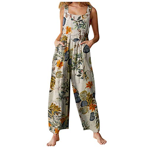 QTOCIO Women's Boho Floral Print Suspender Wide Leg Overalls - Sleeveless Jumpsuit Romper for Summer Casual Wear, Hippie Style, Outdoor Festivals & Beach Vacations