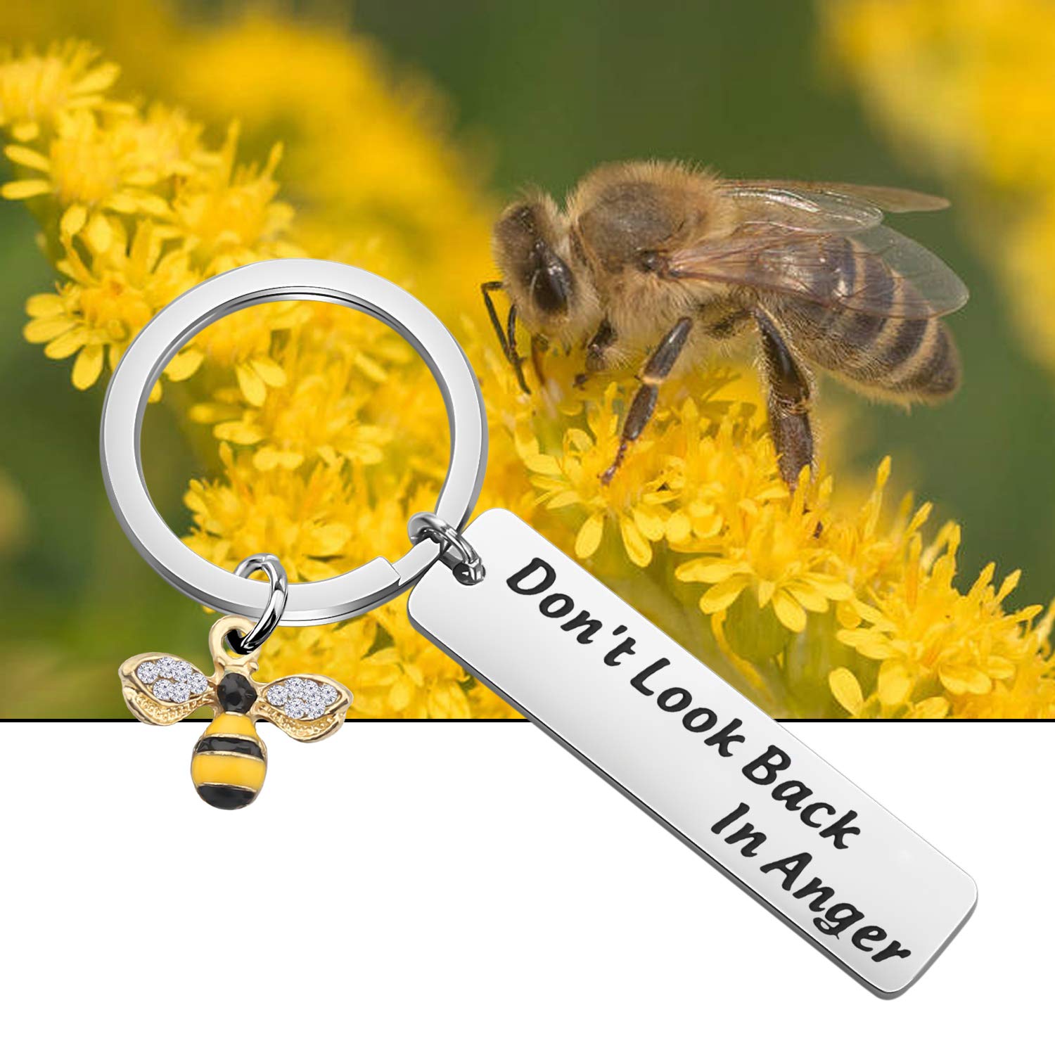 Bee Quote 'Don't Look Back In Anger' Keychain - Unique Bee Jewelry Gift for Bee Lovers, Cute Bee Charm Keyring for Women & Men - Perfect for Backpacks, Purses, or as Thoughtful Birthday Gifts