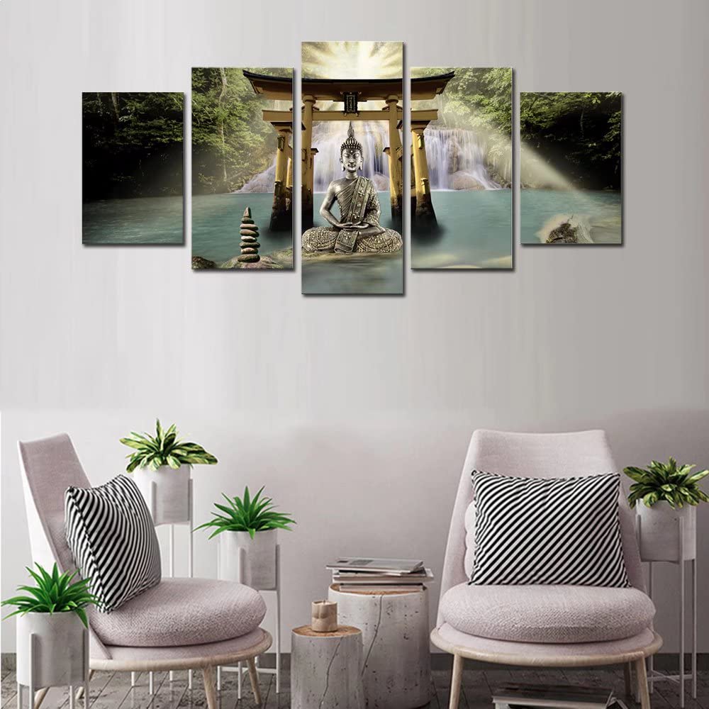 Abstract Buddha Canvas Wall Art - 5 Panel Framed Painting for Living Room & Zen Decor