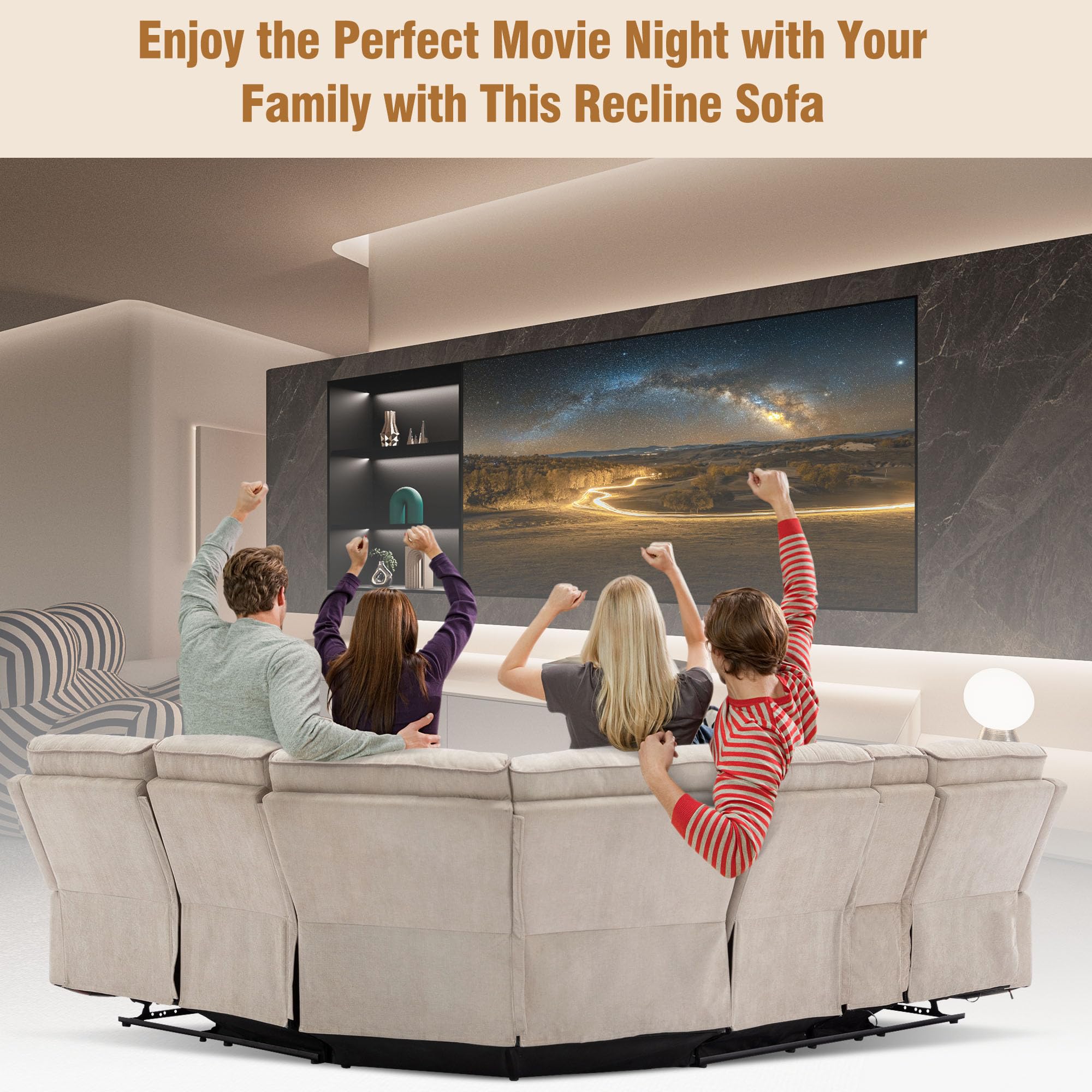 P PURLOVE Modern L-Shaped Reclining Sofa with USB Ports, Hidden Storage & LED Lights - Velvet Living Room Couch for Apartments, Bedrooms (Cream) | Perfect for Small Spaces, Movie Nights & Relaxing