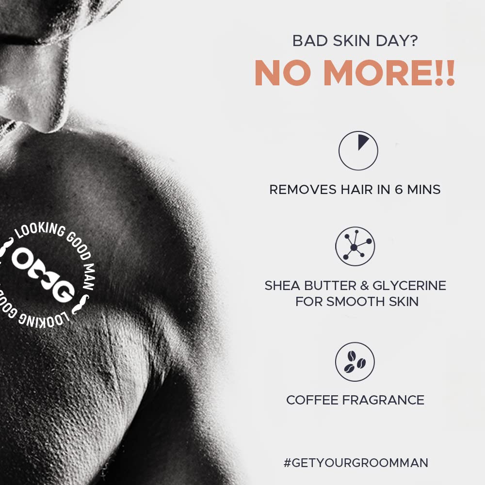 OMG Painless Hair Removal Spray for Men - Quick & Effective Body Hair Removal for Chest, Back, Hands, Legs & Intimate Areas | Enriched with Coffee Fragrance, Shea Butter & Glycerin | Works in Under 10 Minutes | 200ml | Perfect for Smooth Skin Before Beach, Gym or Date Night