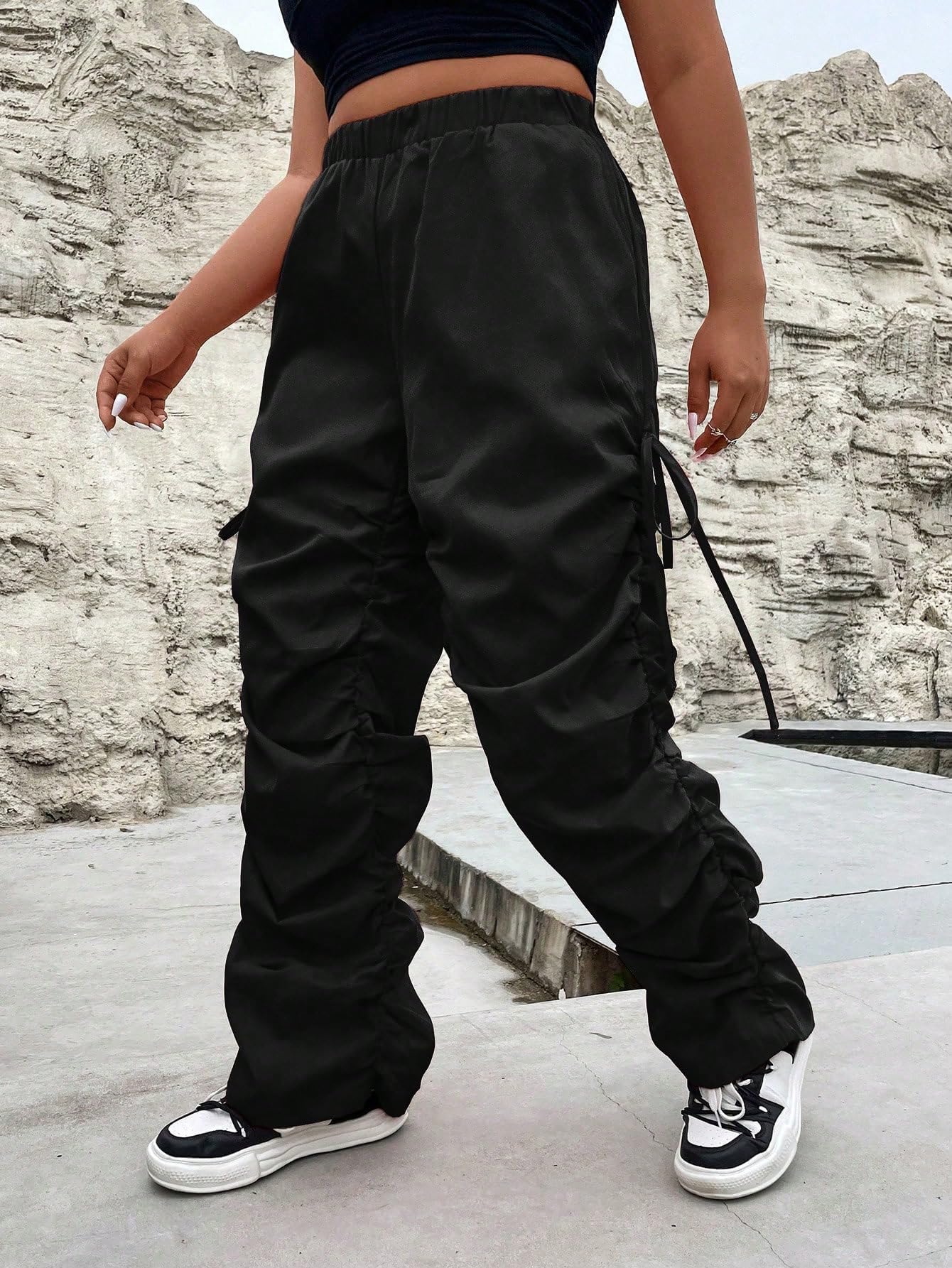 GORGLITTER Plus Size Women's High Waist Cargo Pants - Ruched Baggy Parachute Pants with Drawstring for Casual Wear & Street Fashion