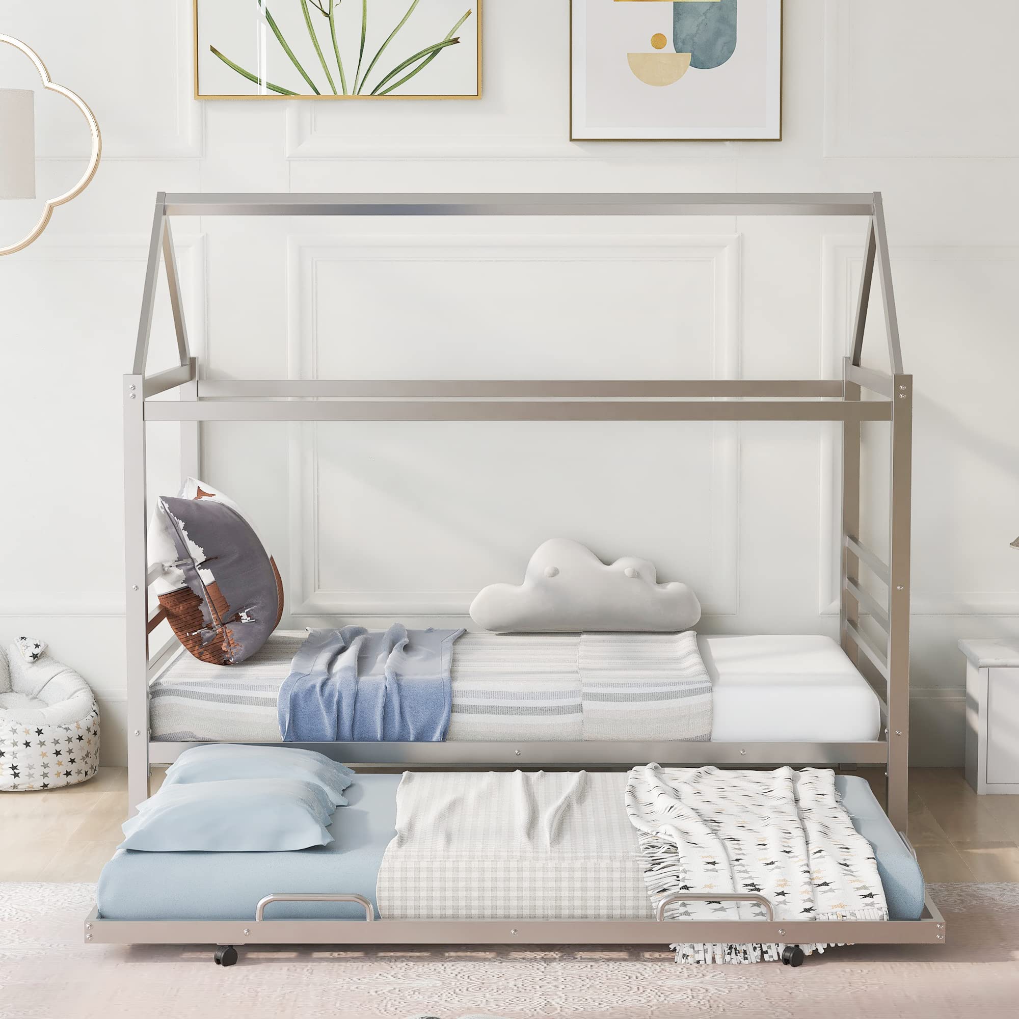 Twin Size Metal House Platform Bed with Trundle - Foldable Daybed Frame with Roof for Kids & Toddlers, Silver House-Shaped Bed with Play Tent Decorations - Perfect for Bedrooms, Playrooms & Sleepovers