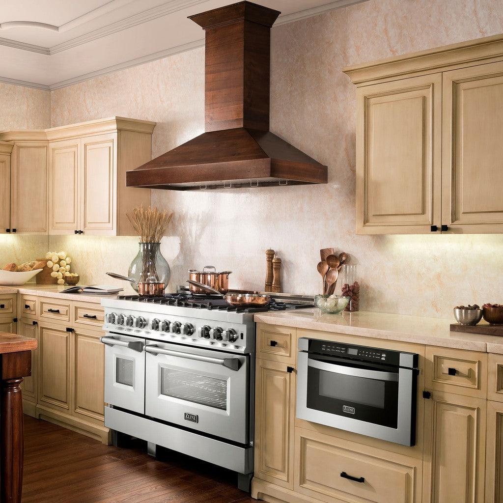 ZLINE Convertible Vent Walnut Wooden Wall Mount Range Hood - 36 Inch Stainless Steel Kitchen Exhaust Fan with LED Lights - Perfect for Modern Farmhouse & Open Concept Kitchens