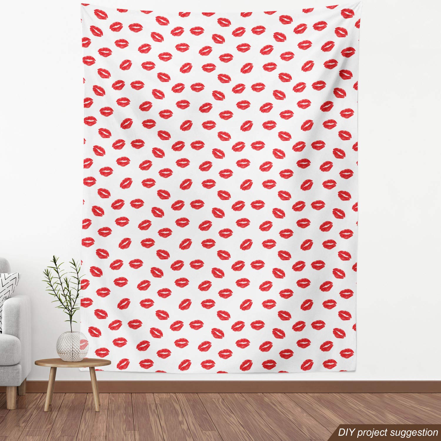 Ambesonne Lips Fabric by The Yard - Romantic Kisses Print Upholstery Material for Sofa, Curtains & Home Decor (10 Yards, Scarlet/White) | Perfect for DIY Projects, Throw Pillows & Bedroom Accents
