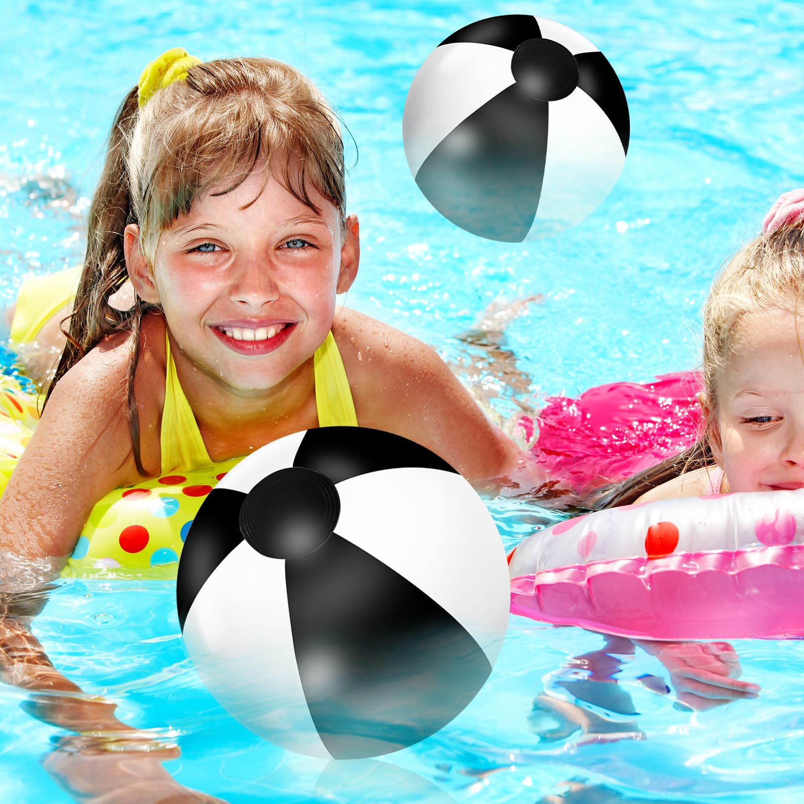 Whaline 16Pcs 16'' Black & White Inflatable Beach Balls - Round PVC Pool Toys for Summer, Hawaiian Tropical Theme Party Decorations - Perfect for Beach, Pool, Water Games & Sand Play