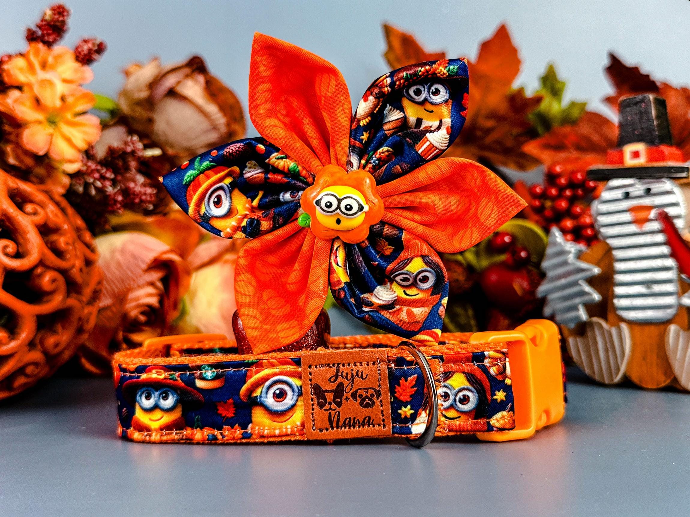 Stylish Flower Dog Collar with Thanksgiving Minions Design - Perfect for Holiday Pet Costumes & Festive Outfits