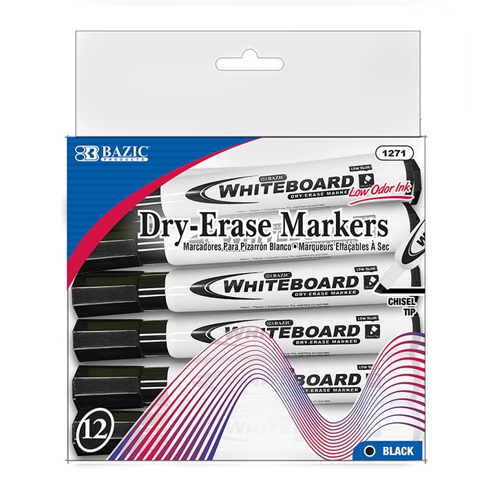 BAZIC Black Dry Erase Markers with Chisel Tip - Low Odor Whiteboard Pens for Office & School - 12 Pack (144 Markers Total) - Perfect for Classrooms, Meetings, and Home Organization