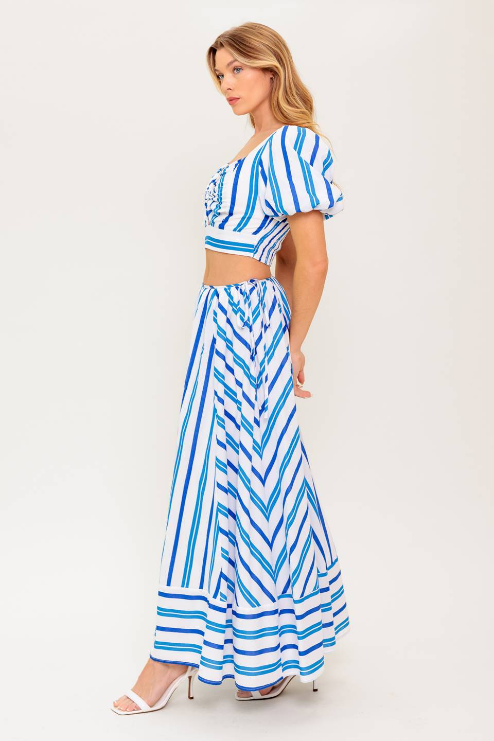 Trendy Boardwalk Breeze Puff Sleeve Crop Top & Skirt Set - Women's Summer Outfit for Beach, Vacation & Casual Wear