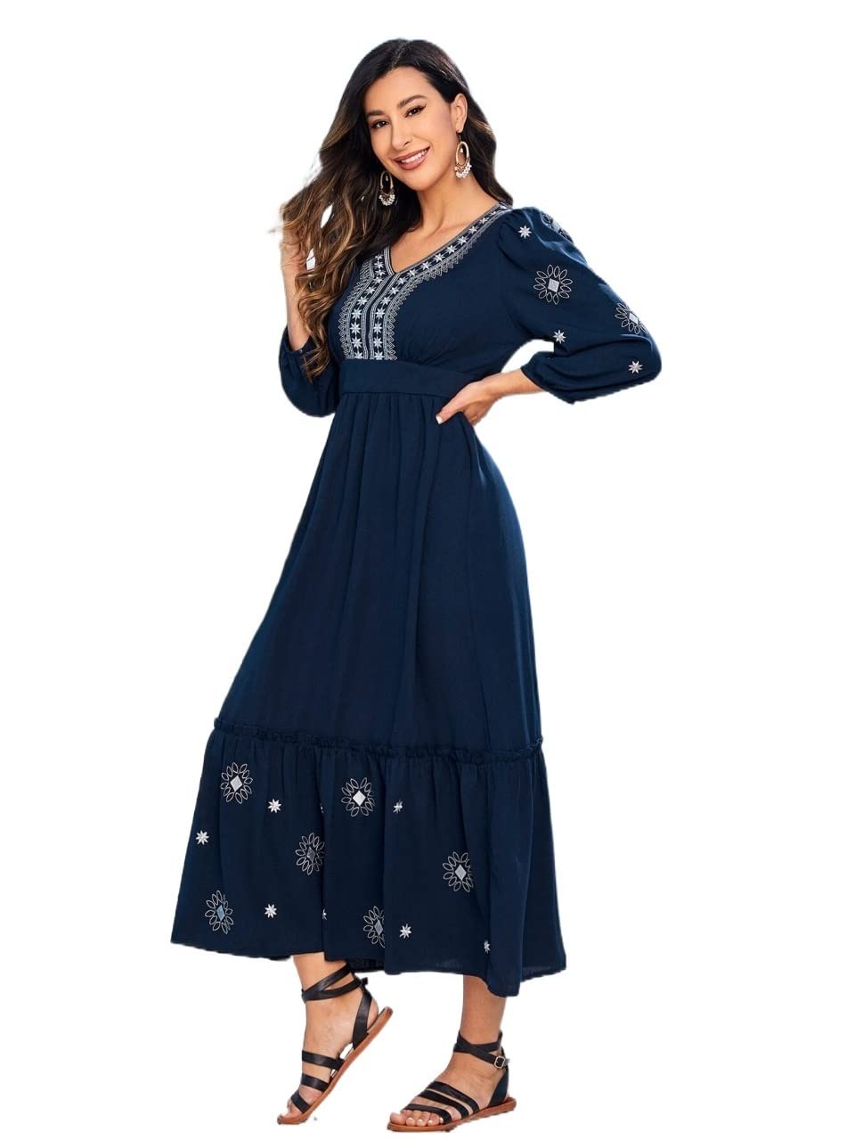 2022 Women's Summer Floral Embroidery V-Neck Lantern Sleeve Flounce Dress - Casual Beachwear & Outdoor Party Dress for Women