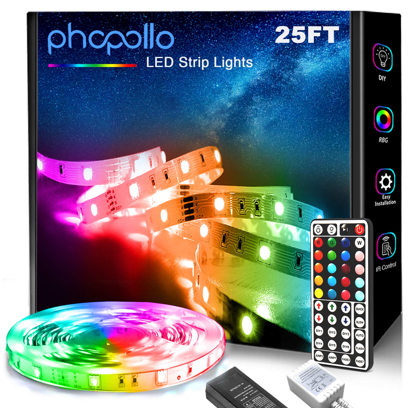 Phopollo 5050 LED Strip Lights 25ft - 44 Keys IR Remote Controller, 12V Power Supply for Bedroom, Kitchen, Gaming Room, Home Decor