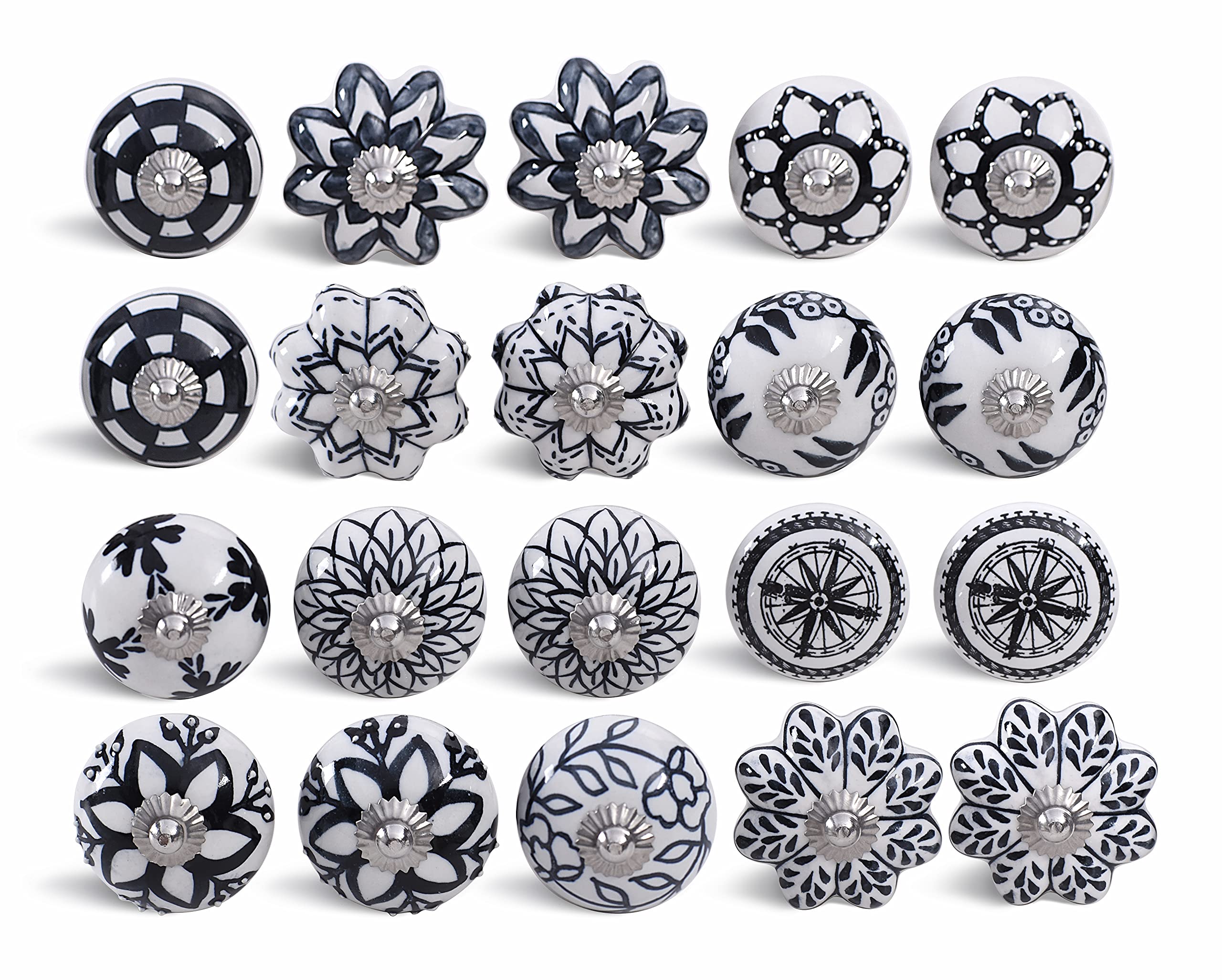 Handmade Boho Ceramic Door Knobs - Set of 20 Black & White Cabinet & Closet Knobs for Vintage Home Decor | Perfect for Bohemian Style Bedrooms, Bathrooms & Furniture Makeover