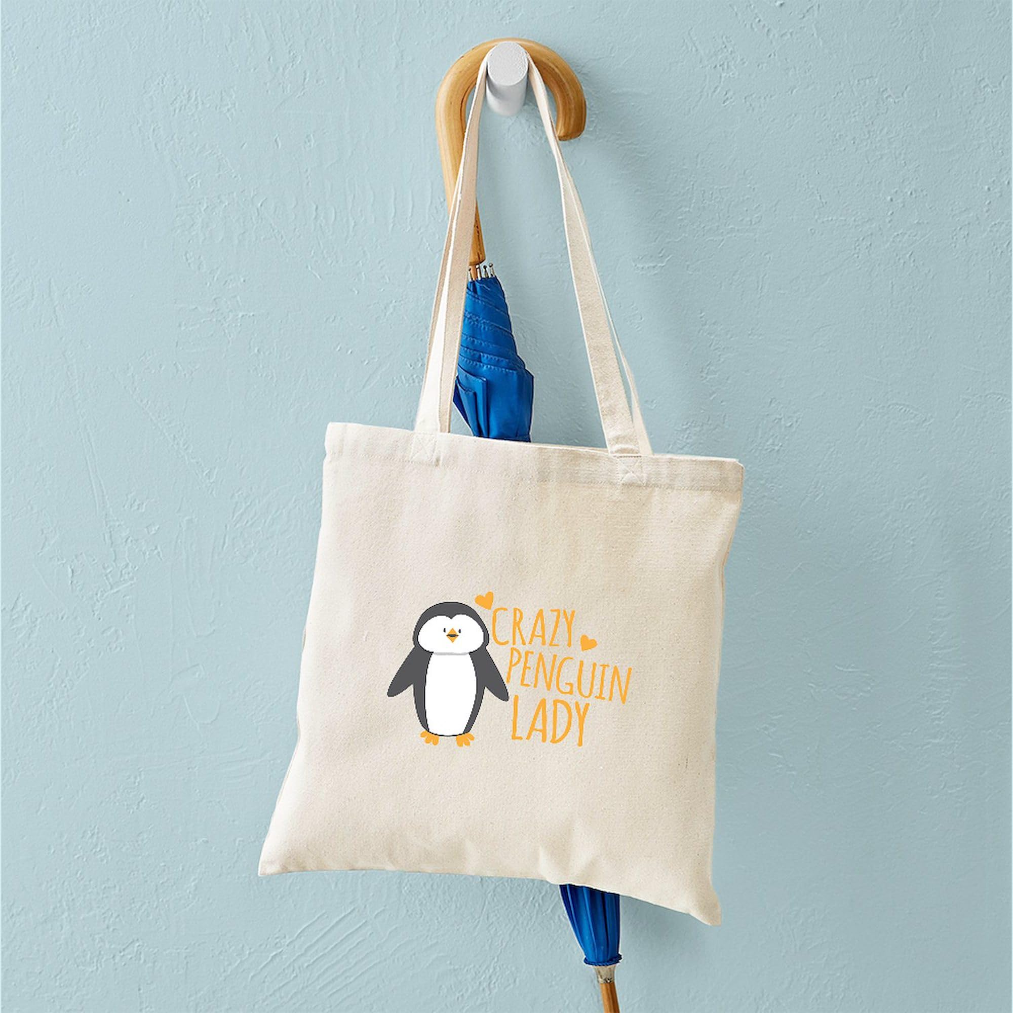 Crazy Penguin Lady Tote Bag - Natural Canvas Reusable Shopping Bag for Women | Eco-Friendly Grocery Tote, Beach Bag & Everyday Carry
