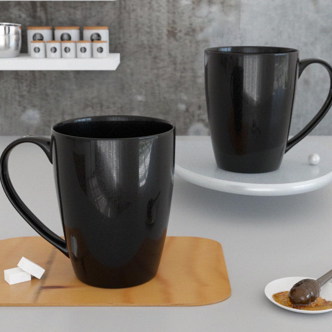 Premium Black Gloss Ceramic Coffee Mugs Set of 6 - 10oz (280ml) Microwave & Dishwasher Safe Tea Cups - Ideal for Home, Office, Cafe & Gifts