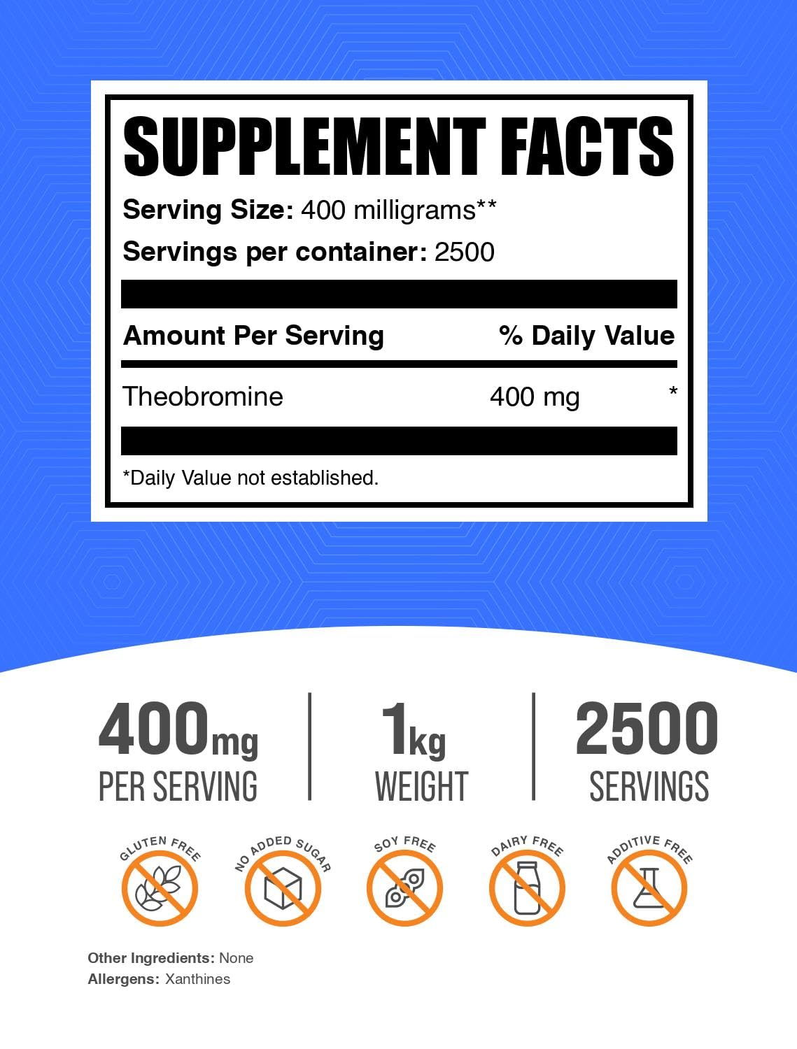 BulkSupplements Pure Theobromine Powder 1kg (2.2 lbs) - 400mg per Serving, 2500 Servings - Natural Energy Booster, Nootropic & Cognitive Support, Gluten Free, Vegan - Perfect for Smoothies, Pre-Workout & Focus Enhancement