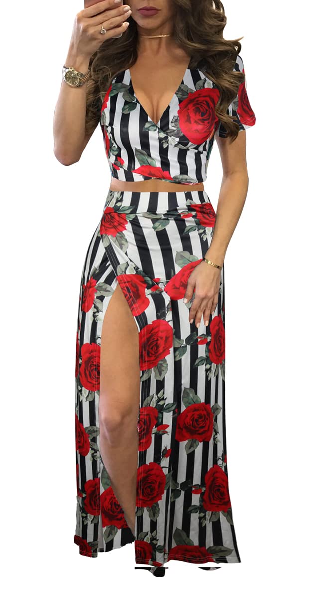 VOIKERDR Women's Sexy Deep V-Neck Floral Print Maxi Dress - Casual Summer Dress with High Slit, Elegant Boho Style for Beach, Party & Date Night