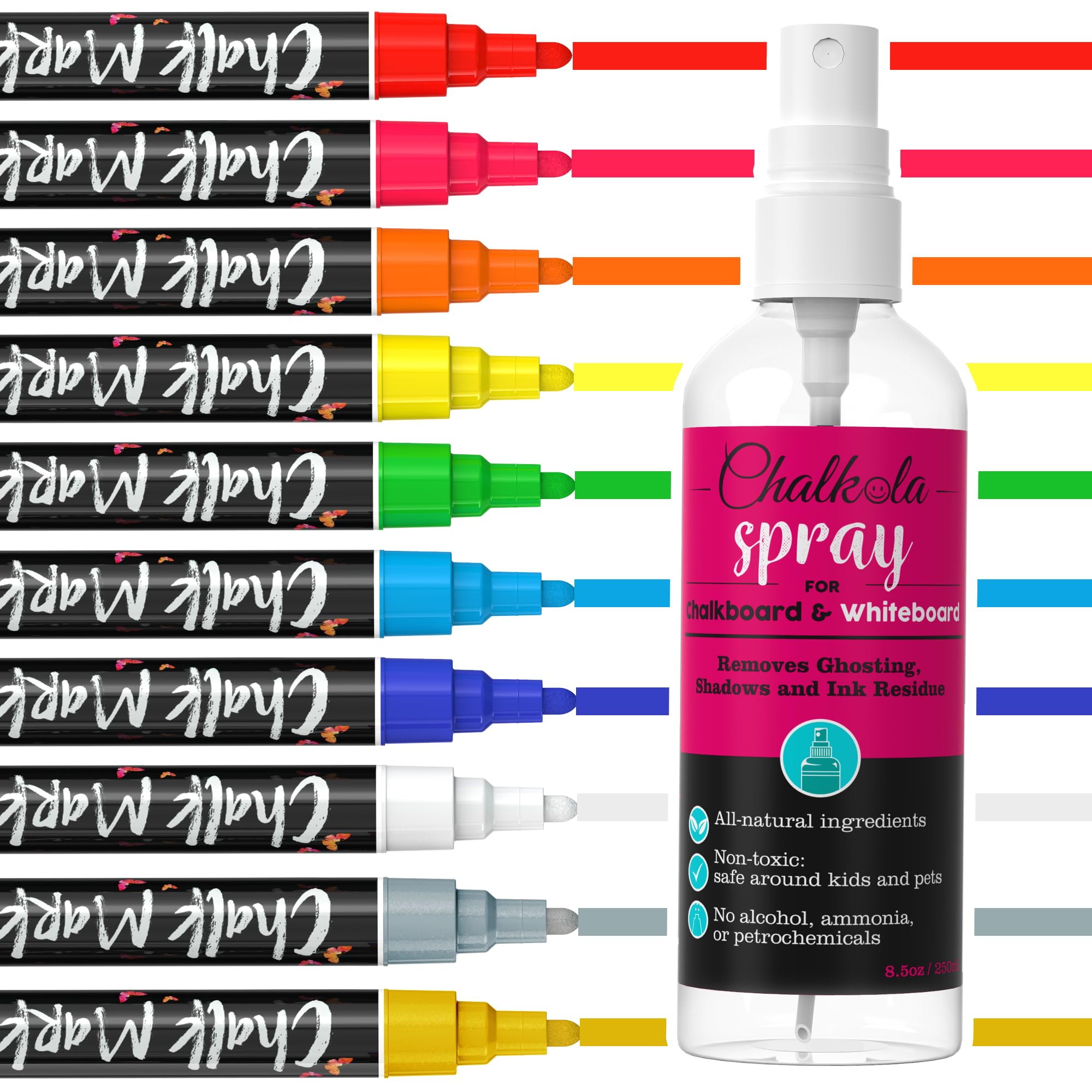 Chalkola 10 Bold Colors Washable Markers with Natural Spray Cleaner Bundle - Perfect for Kids Art Projects, Classroom Activities & DIY Crafts