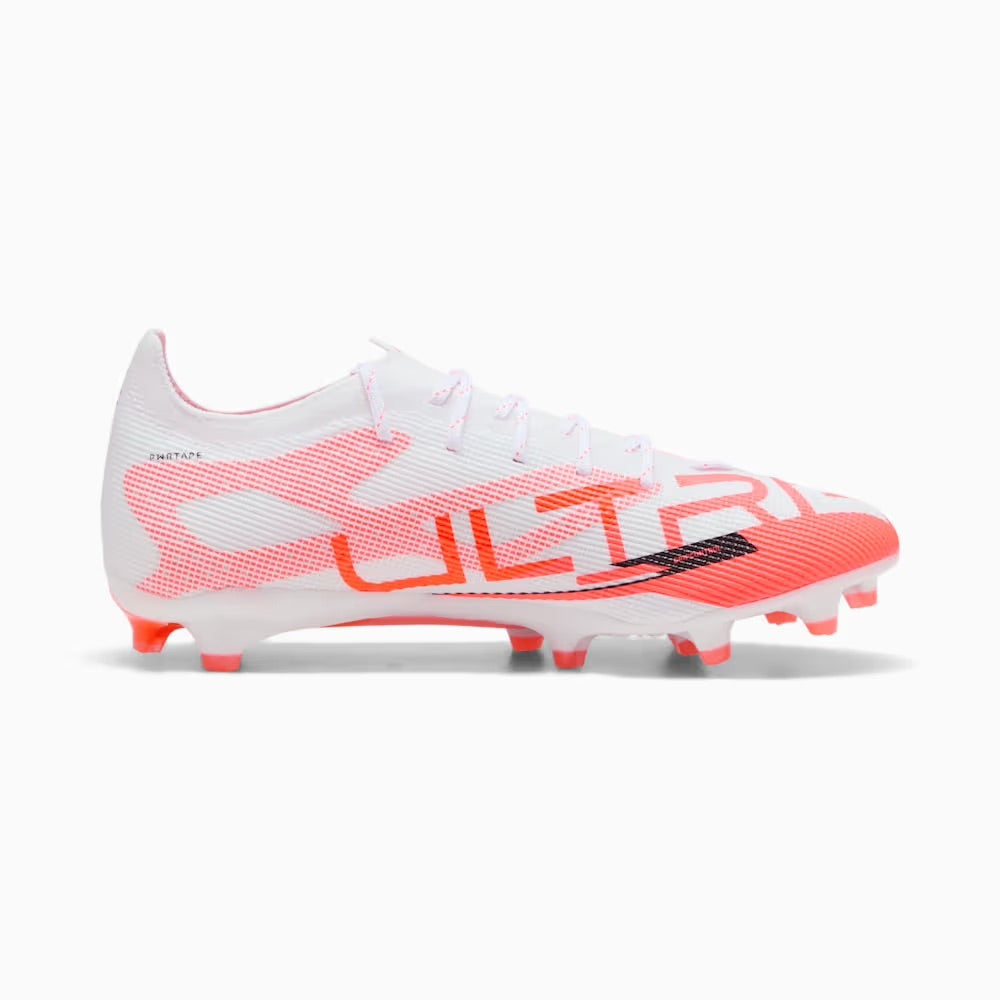 Puma Ultra 5 Pro FG/AG Soccer Cleats for Men - Lightweight Football Boots in White/Black/Glowing Red - Perfect for Artificial Grass & Firm Ground - Ideal for Competitive Matches & Training Sessions