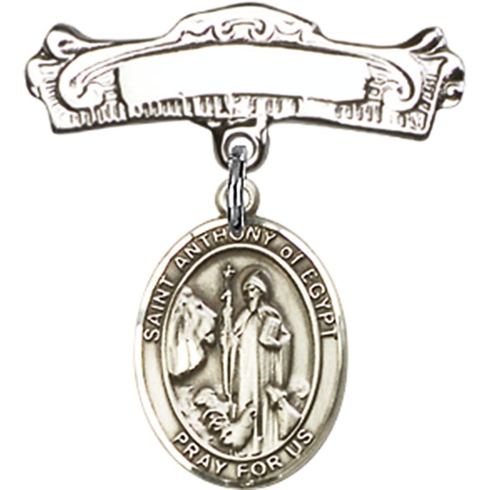 Sterling Silver Baby Badge with St. Anthony of Egypt Charm - 7/8 X 7/8 Inch Arched Polished Pin - Perfect for Christening, Baptism & First Communion Gifts
