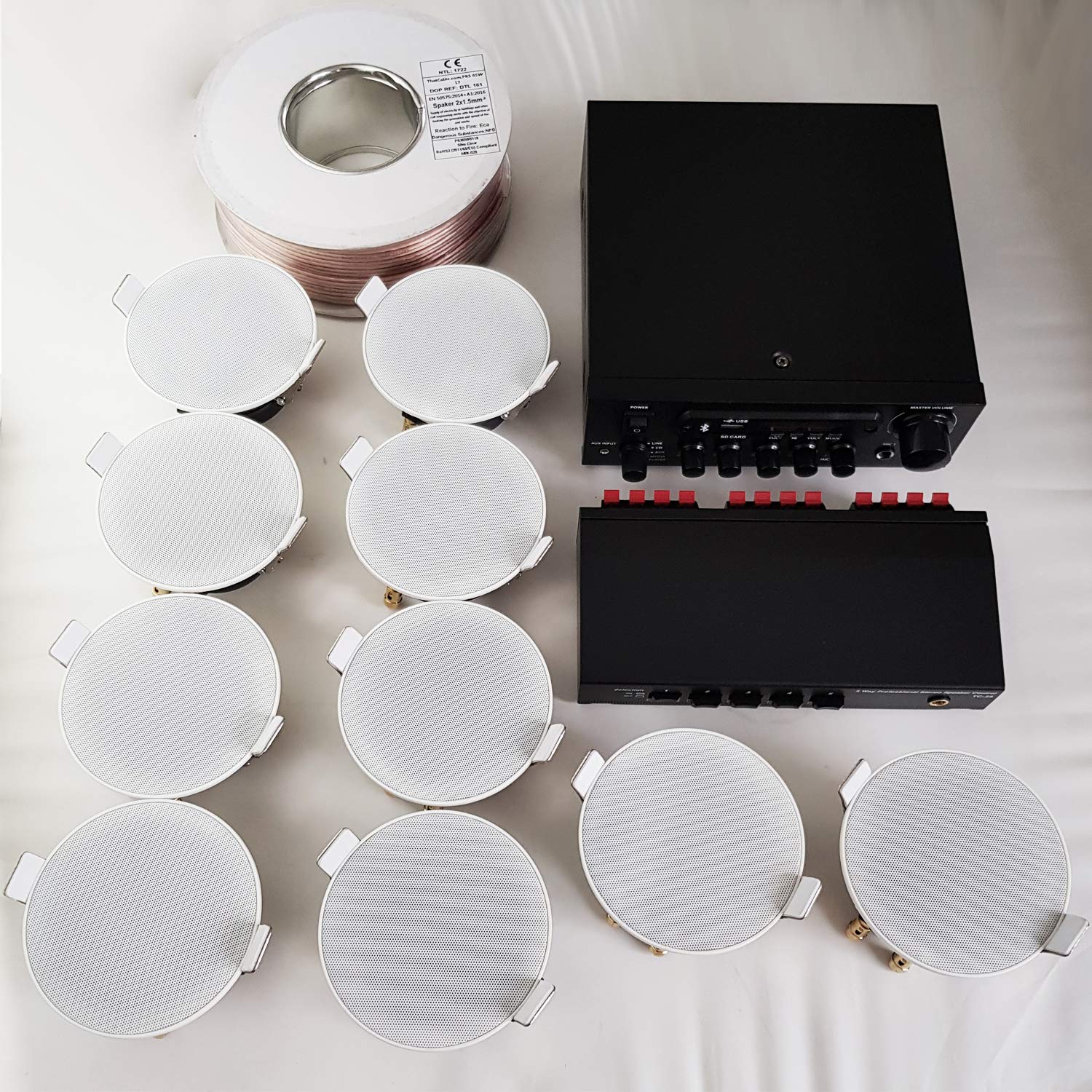5 Zone Bluetooth Ceiling Speaker System - Stereo Amplifier & 10x Slim HiFi In-Ceiling Speakers - Wireless Background Music for Home, Café, Restaurant, Bar, Retail Store & Office Use