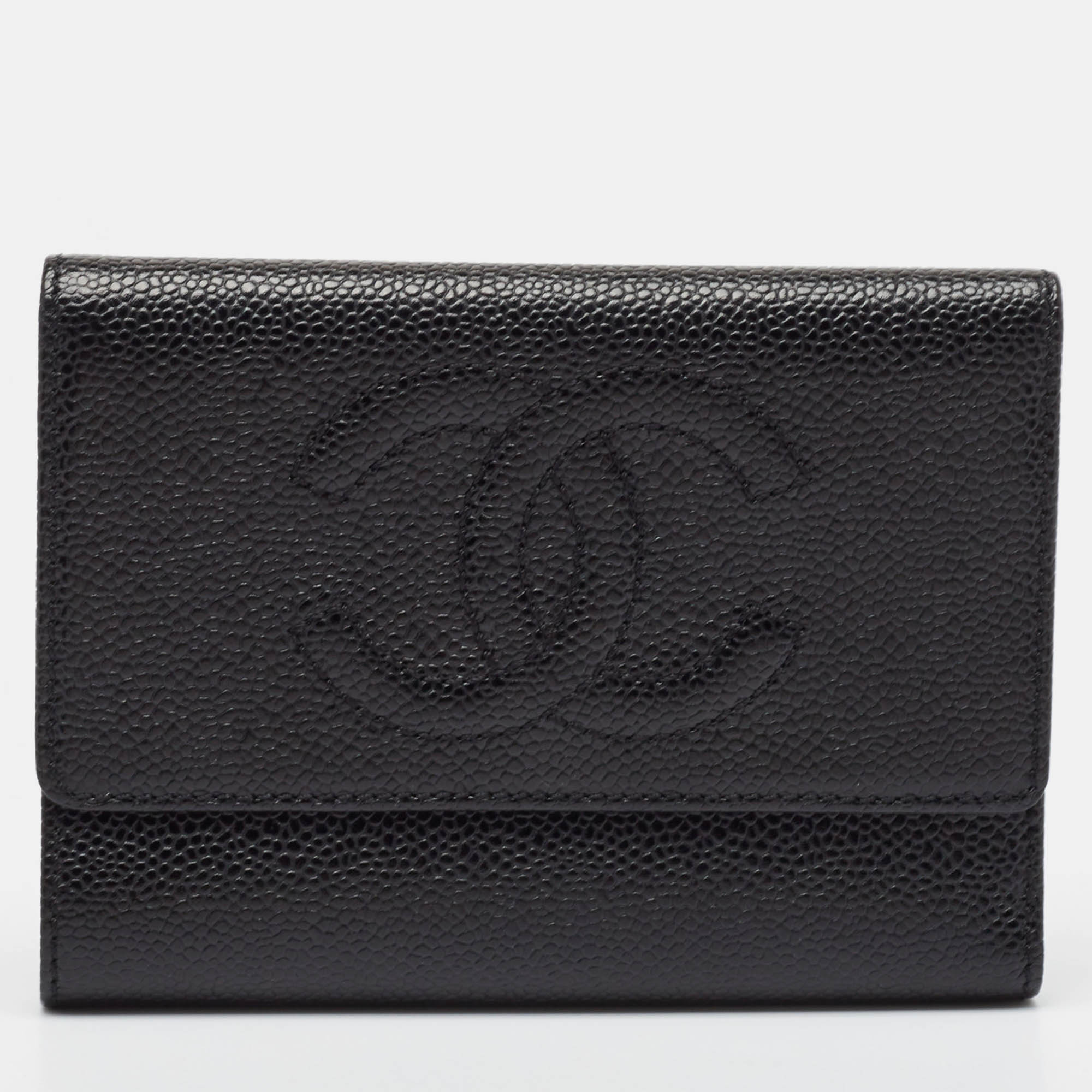 Luxury Black Caviar Leather CC Trifold Wallet for Women - RFID Blocking Credit Card Holder & Cash Organizer | Perfect for Everyday Use, Travel & Gift Giving
