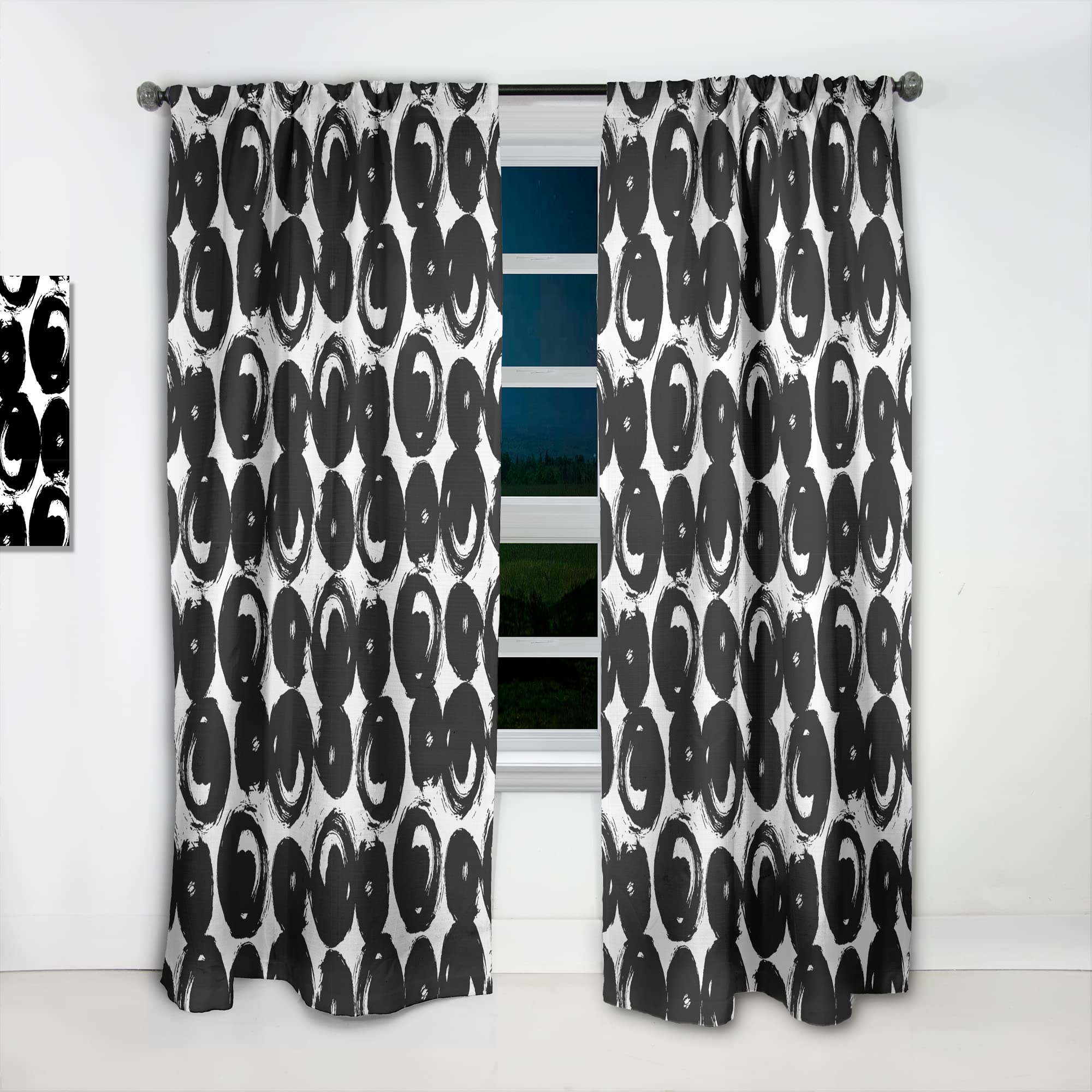 DesignQ Hand Painted Black Circles on White Thermal Insulated Curtain Panel - 52x108 Inches - Elegant Window Treatment for Bedroom & Living Room - Perfect for Light Filtering and Temperature Control