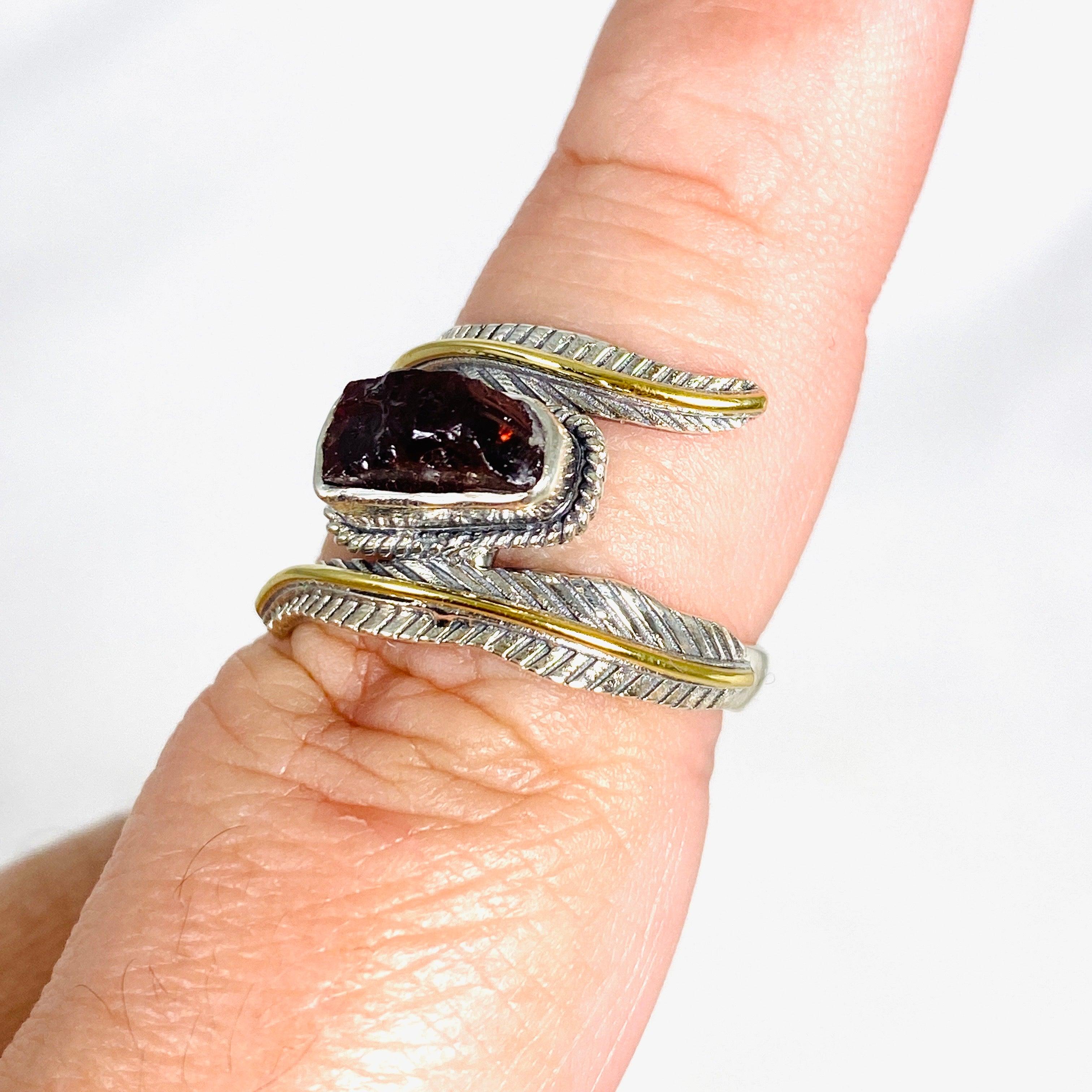 Garnet Leaf Setting Raw Sterling Silver Ring R4224 for Women - Elegant Bohemian Jewelry for Everyday Wear & Special Occasions