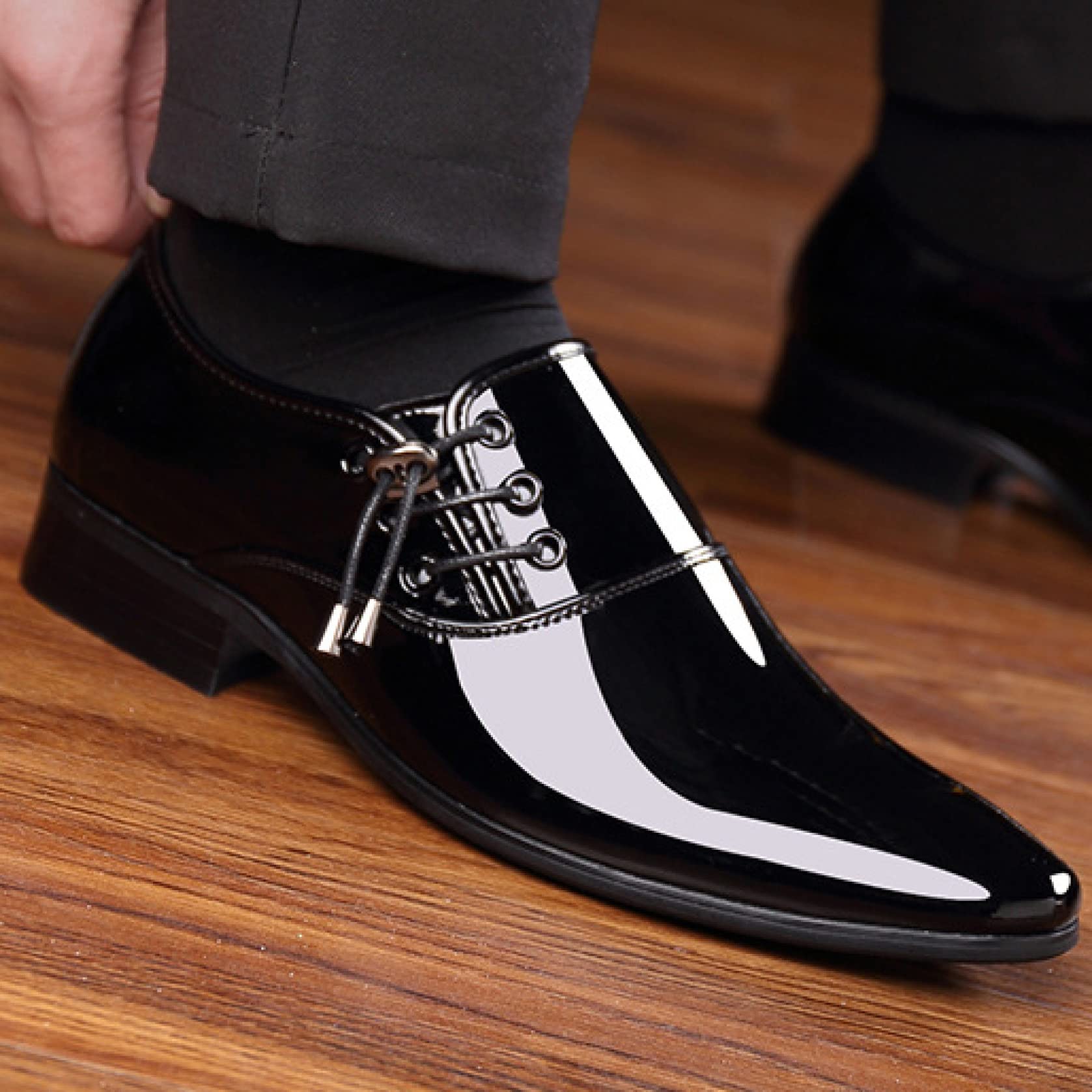 Premium Men's Patent Leather Dress Oxfords - Adjustable Side Lace Up, Pointed Toe Business Shoes for Office & Formal Occasions | Lightweight & Comfortable Men's Dress Shoes for Work, Weddings & Professional Events