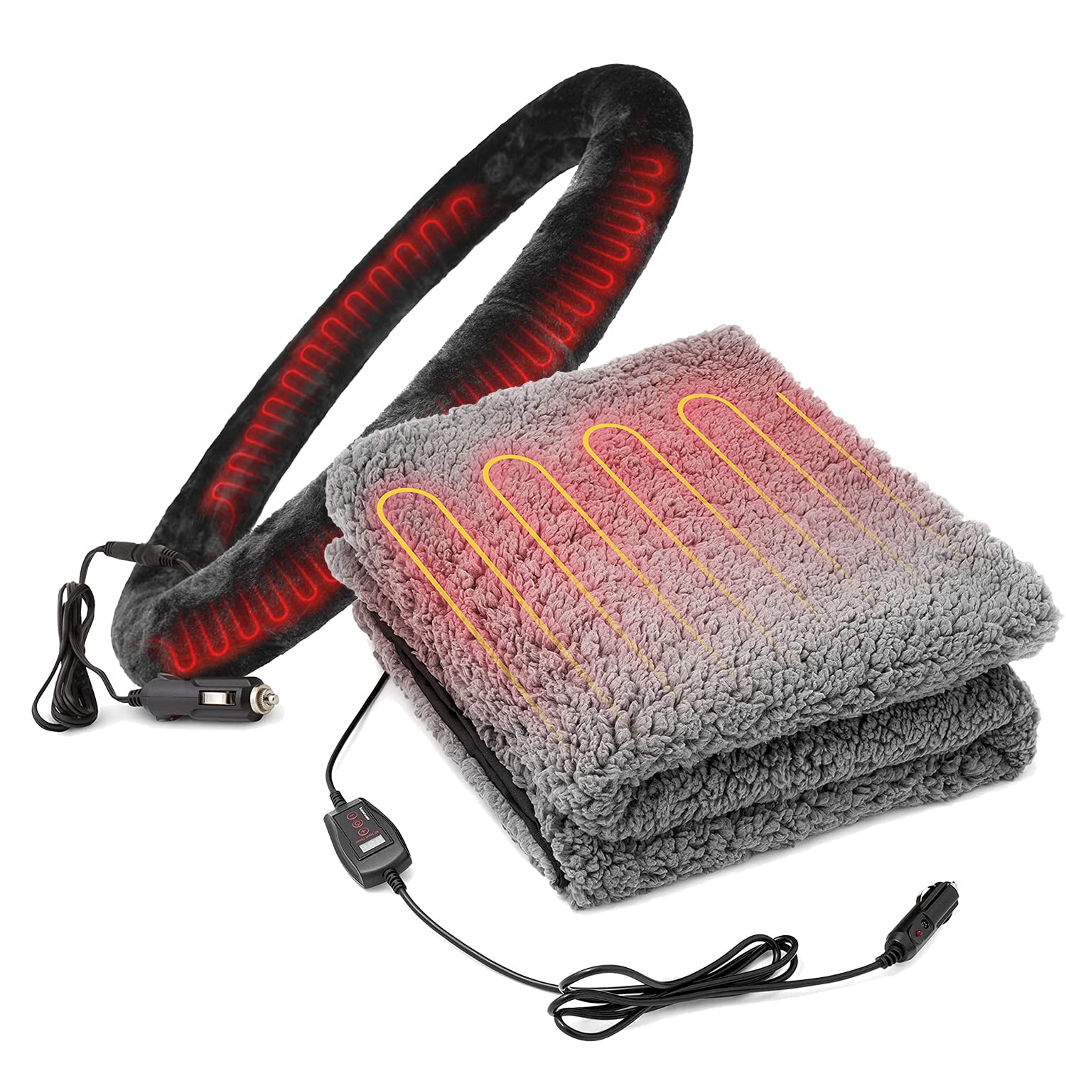 VaygWay Winter Ultimate - 12V Heated Sherpa Fleece Blanket & Steering Wheel Cover for Cars - Perfect for Cold Weather Driving, Road Trips, and Outdoor Adventures