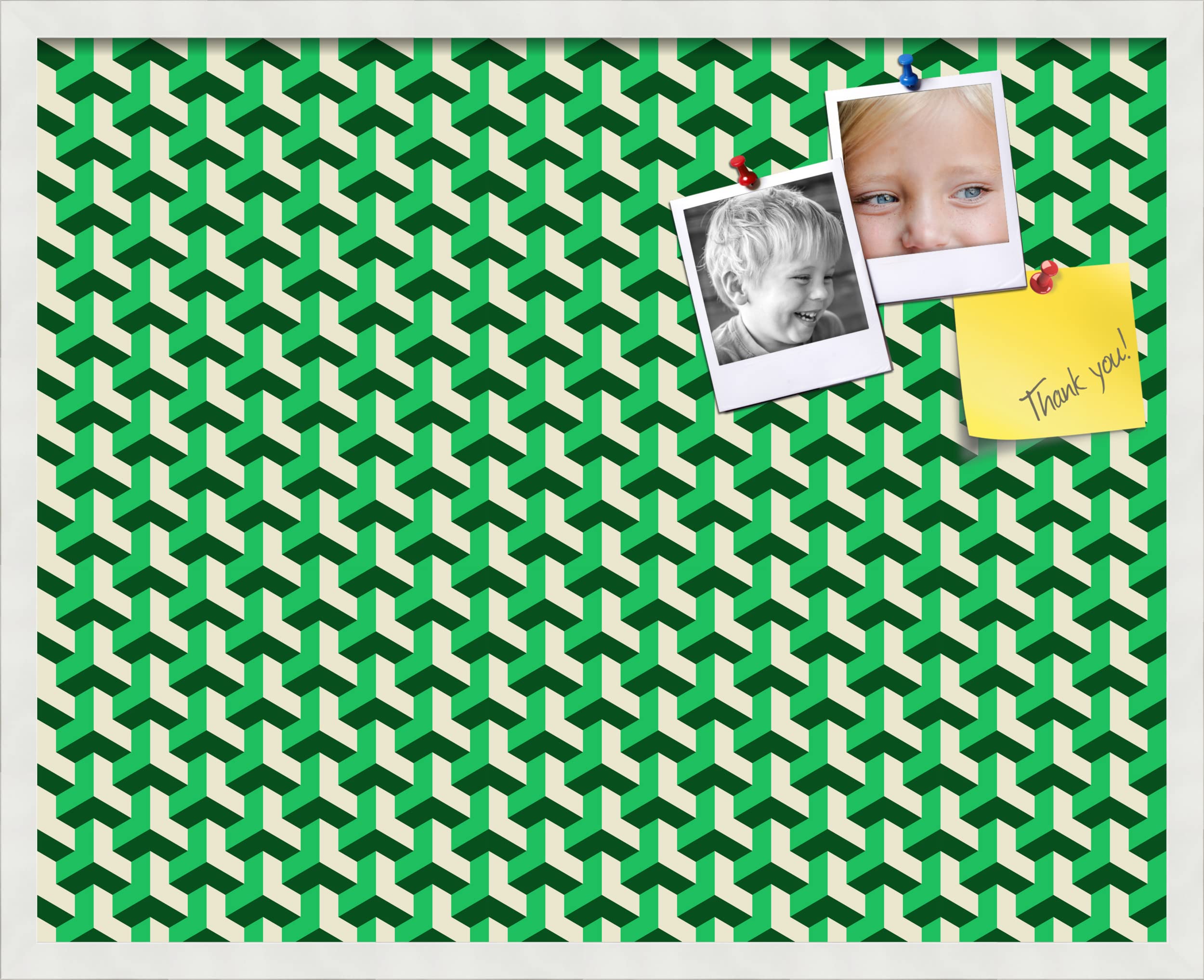 PinPix 30x24 Inch Cork Bulletin Board with BAUS Green Beige Design & Satin White Frame - Decorative Framed Pin Board for Home Office School Decor - Perfect for Notes, Photos, Reminders and Wall Organization