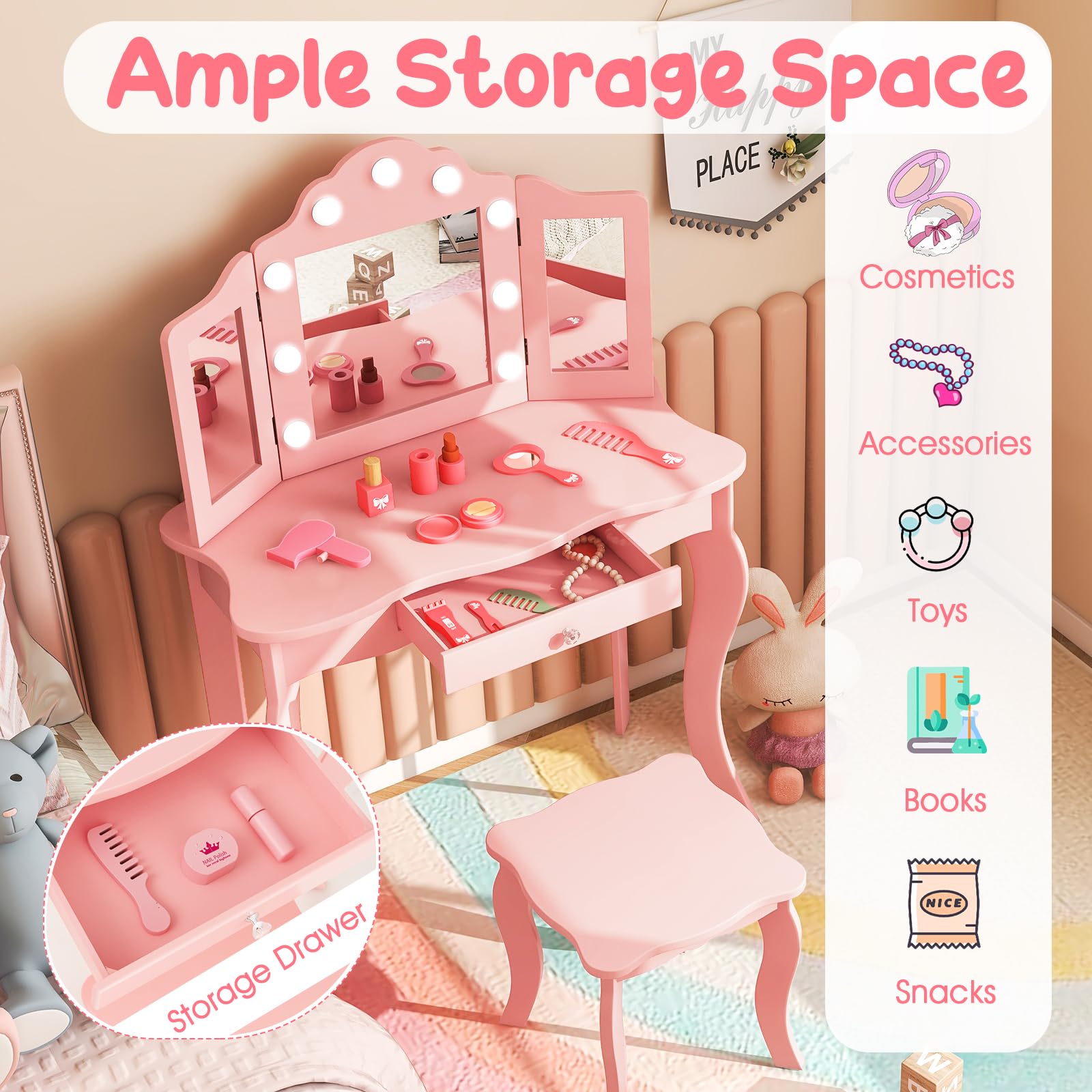 AKUSTIK Kids Vanity with LED Lights - 2-in-1 Wooden Dressing Table & Chair Set with Tri-Fold Mirror, Stool & Storage Drawer - Princess Pretend Play Beauty Kit - Perfect Gift for Toddler Girls (Ideal for Bedroom Play, Birthday Presents & Role-Playing Activities)