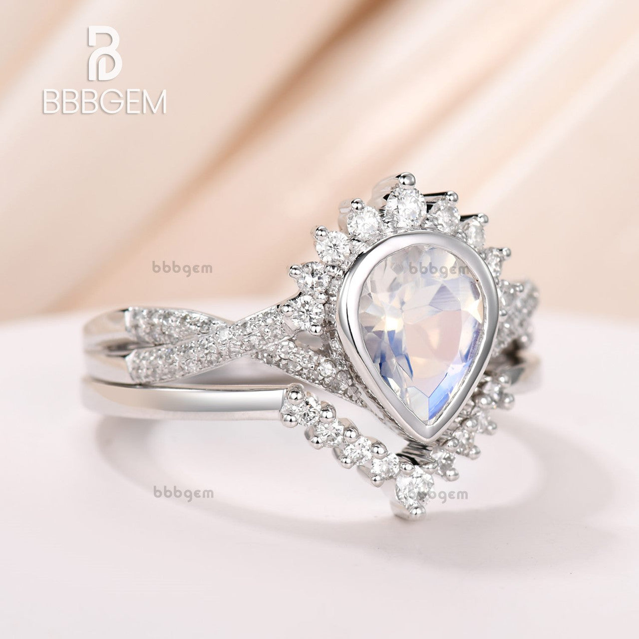1 Carat Pear Shaped Moonstone Engagement Ring Set with Rose Gold Diamond Wedding Band - Perfect for Bridal Jewelry, Anniversary Gifts & Romantic Proposals