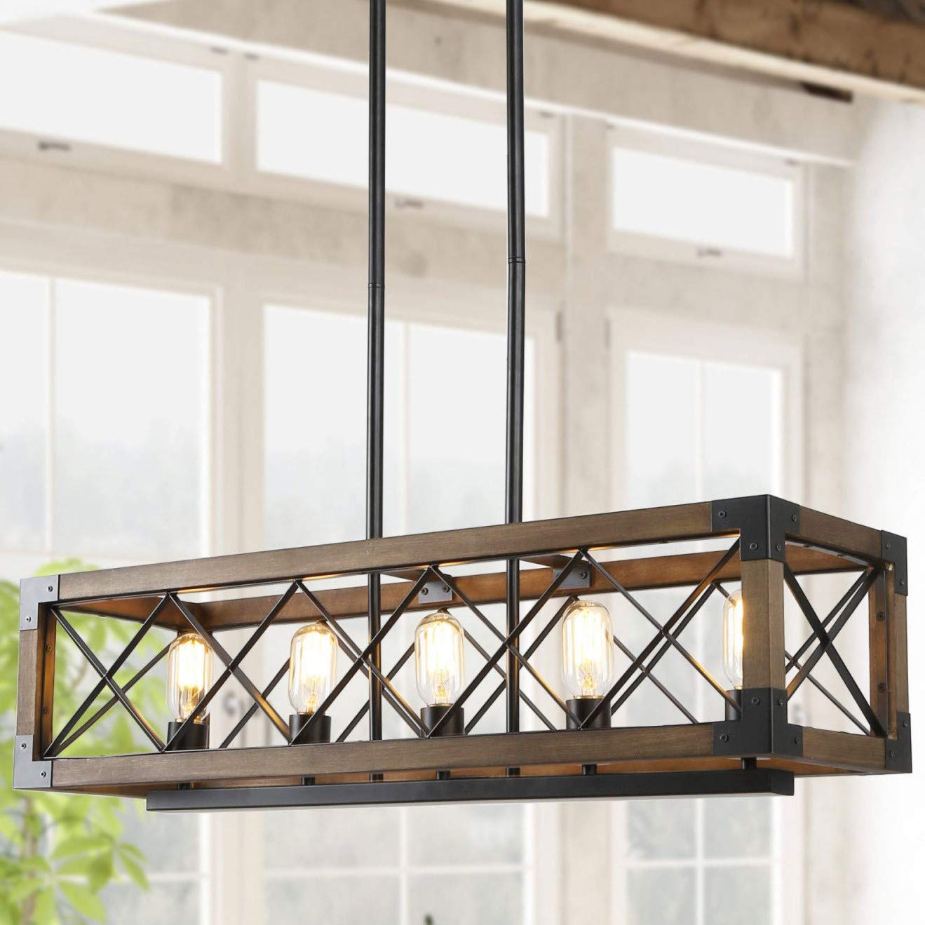 Farmhouse Chandelier - 5-Light Rectangular Rustic Wood Ceiling Light Fixture for Dining Room, Kitchen Island, Living Room - 31.5 Inch Length - Perfect for Country Style Home Decor & Modern Farmhouse Lighting