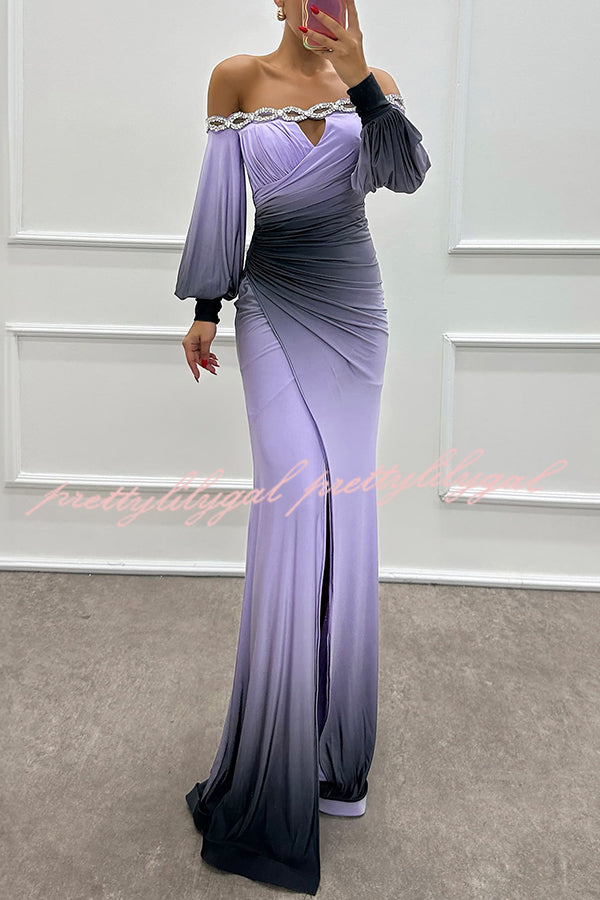 Julieta Gradient Print Boat Neck Off Shoulder Maxi Dress with Gem Details & Side Slit - Elegant Evening Gown for Prom, Wedding Guest & Special Occasions