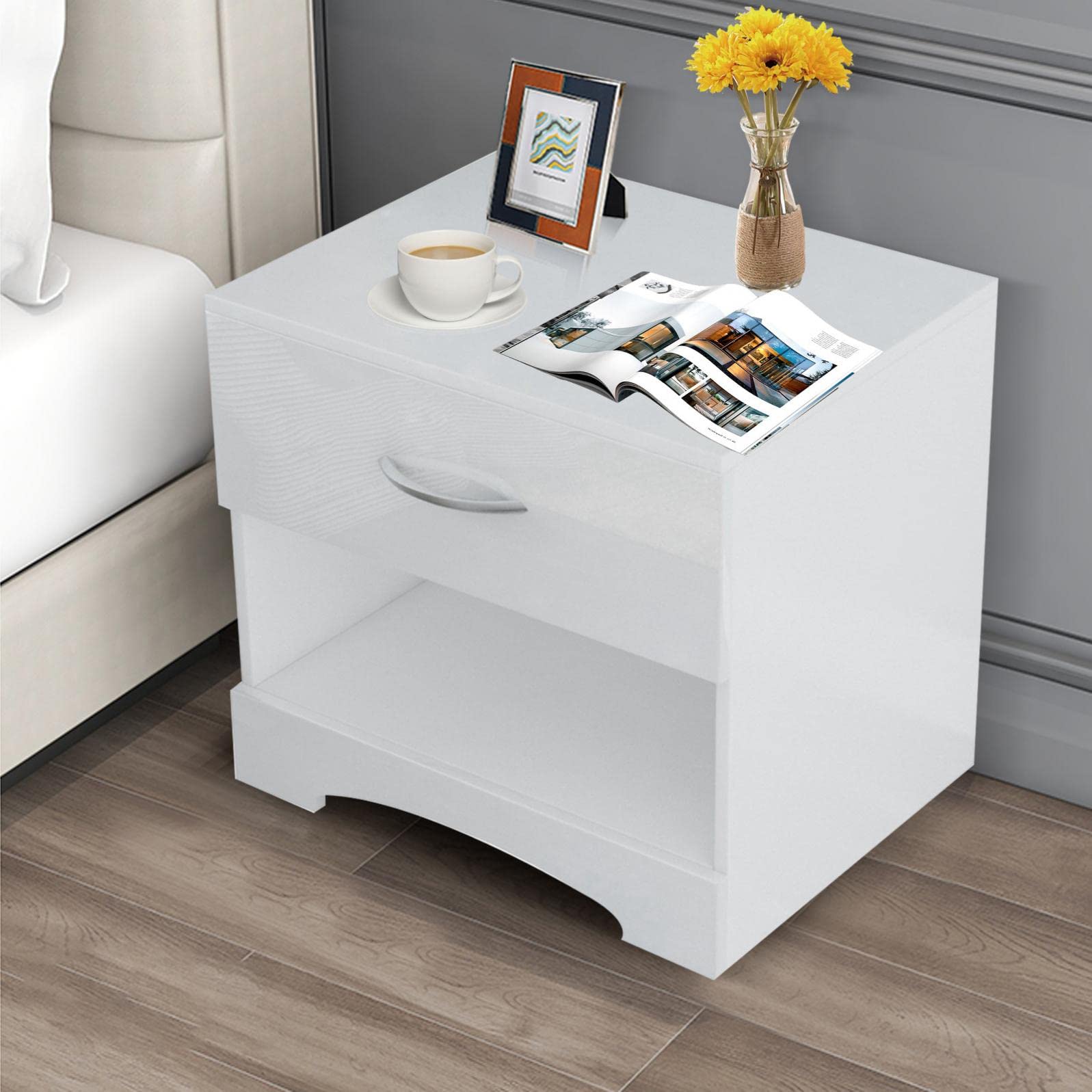 Modern White High Gloss Wooden Nightstand with Drawer - Bedside Table for Bedroom, Living Room & Dorm - Compact Storage Side Table for Books, Lamps & Essentials - Accent Furniture for Small Spaces & Apartments