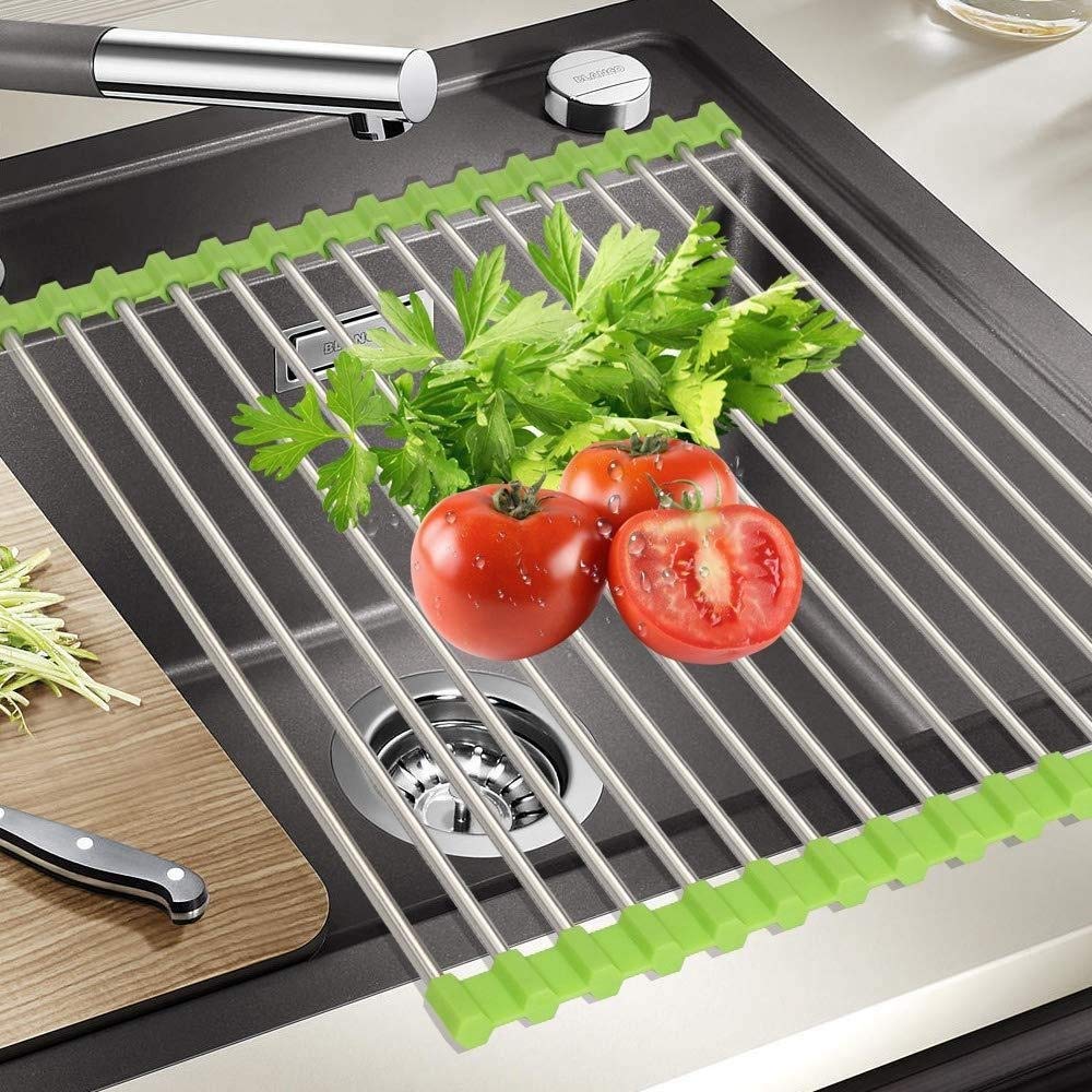 Stainless Steel Foldable Over Sink Dish Drying Rack - Space Saving Kitchen Utensil Holder for Fruits, Vegetables & Dishes | Perfect for Small Kitchens, RVs & Apartments (Multicolor, 1pc)