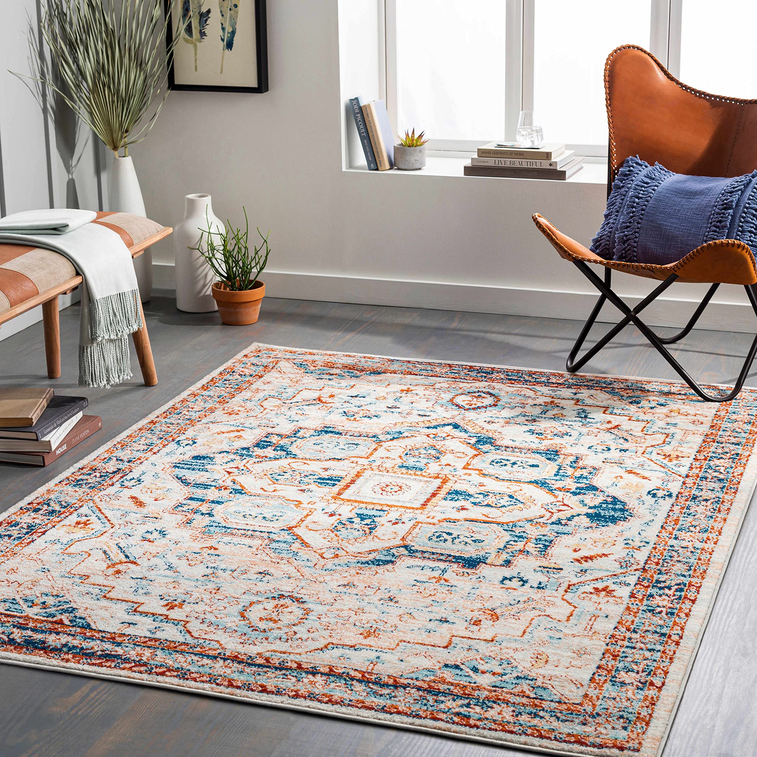 Hauteloom Uddiawan Modern Area Rug for Living Room & Bedroom - Soft Plush Gray, Blue, Orange Non-Slip Carpet 7'10